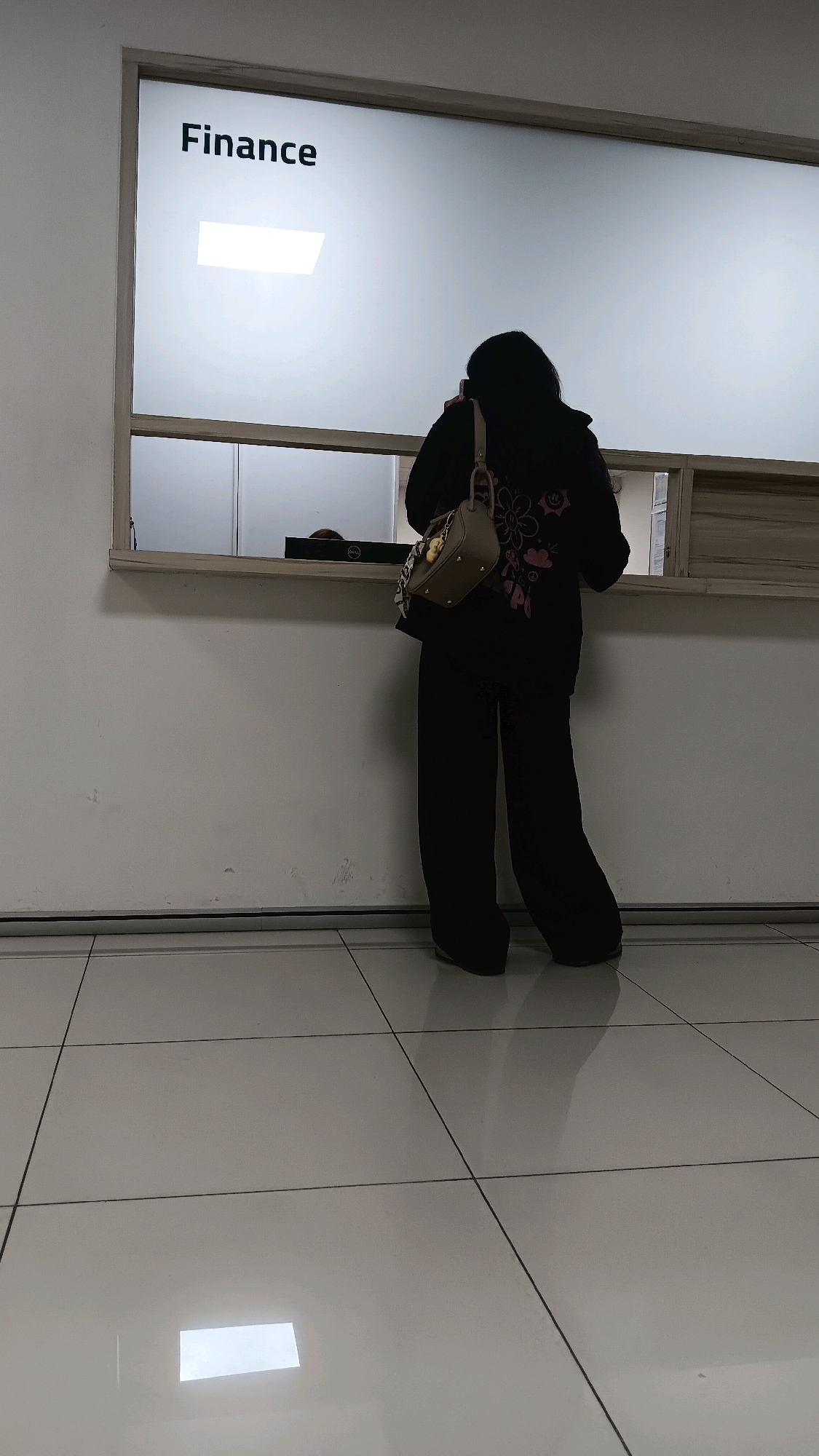 A person, viewed from behind and silhouetted against a frosted glass window labeled "Finance," stands at a counter within an office environment. The person is wearing a black hooded sweatshirt with a pink floral design and black, wide-leg pants. They are carrying a small, light brown shoulder bag. The window has a horizontal opening through which a dark object, possibly a computer monitor, is visible. The floor is tiled and reflects light. The overall scene suggests a financial institution or administrative office.