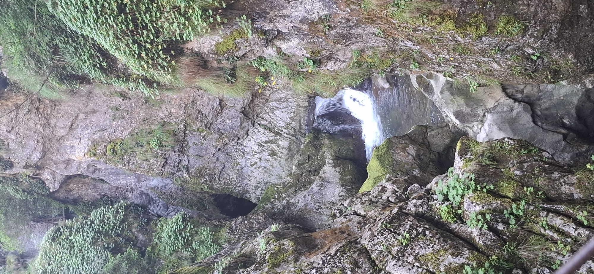 The image shows a narrow canyon with a small waterfall cascading into a pool of water. The canyon walls are steep and rocky, with lush green vegetation clinging to them. The water is clear and appears shallow. The scene is natural and undeveloped, suggesting it is located in a rural or wilderness area. The description of the location in the city of Trigrad, Bulgaria is not supported by any visual elements in the image.