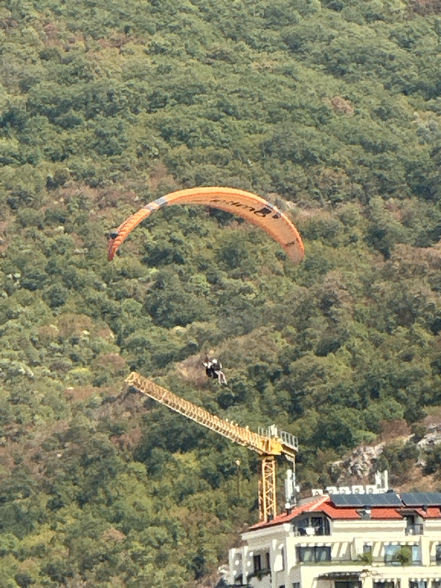 The image shows a paraglider in mid-air against a backdrop of a densely forested hillside. Below and to the right, a yellow construction crane is visible next to a building with a red roof and solar panels. The building appears to be situated in a developed area, possibly a town or village. The paraglider, with an orange and grey wing, is suspended above the crane and building, with a person visible in the harness. The environment suggests an outdoor recreational or tourist area, and the presence of the crane indicates ongoing construction. The hillside is covered in green foliage, suggesting a warm climate. This scene is located in Boreti, Montenegro.