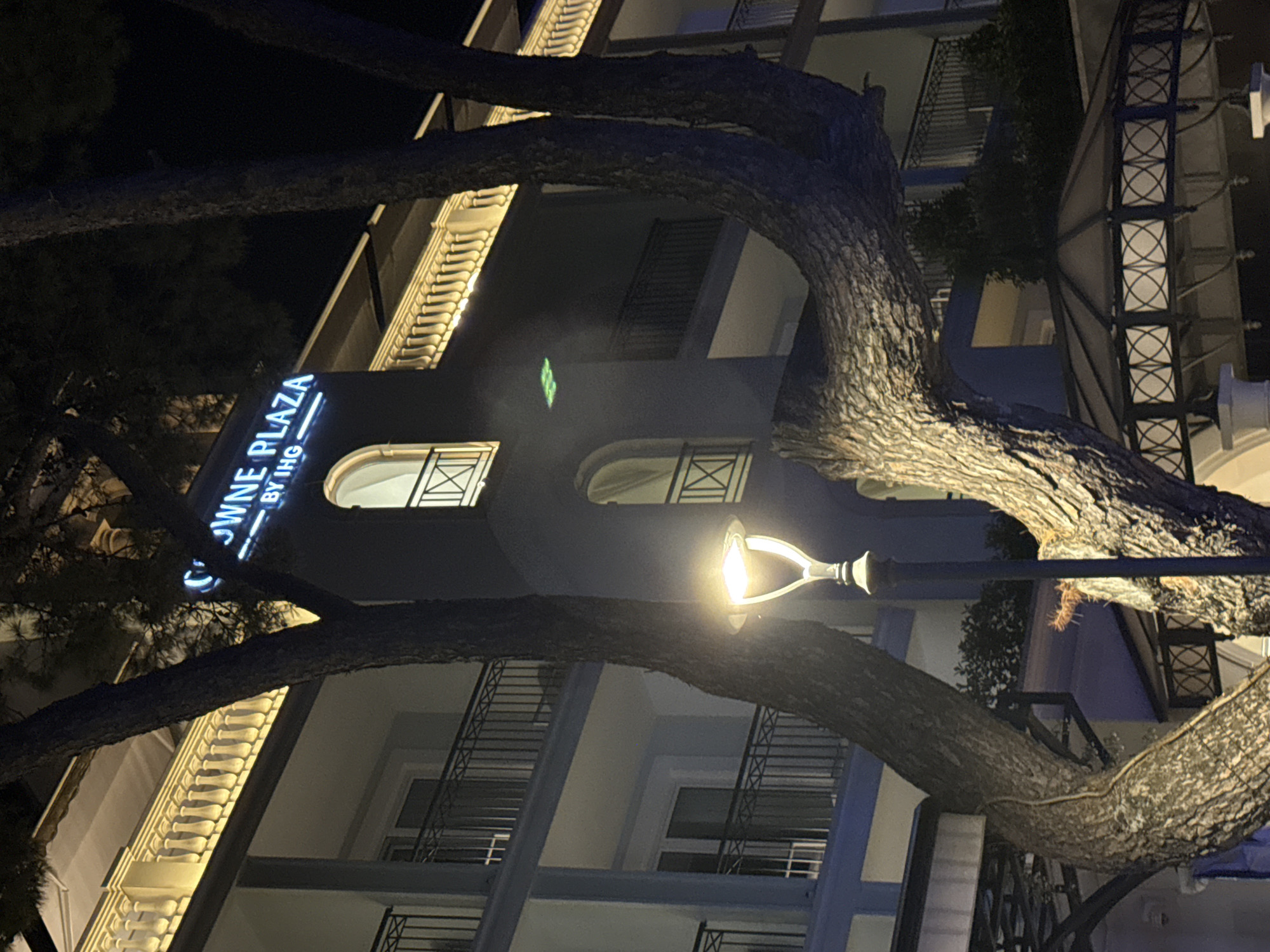 The image shows a nighttime exterior shot of the Crowne Plaza hotel in Budva, Montenegro. A large tree with thick branches partially obscures the view of the hotel's facade, which features multiple levels with balconies and windows. The hotel sign, "CROWNE PLAZA BY IHG," is illuminated in neon blue lights at the top of the building. A street lamp with a bright light is visible in the foreground, casting a glow on the tree and the hotel's lower levels. The building has a classical architectural style with ornate railings and decorative elements. The scene is illuminated by artificial lights, creating a dramatic effect.