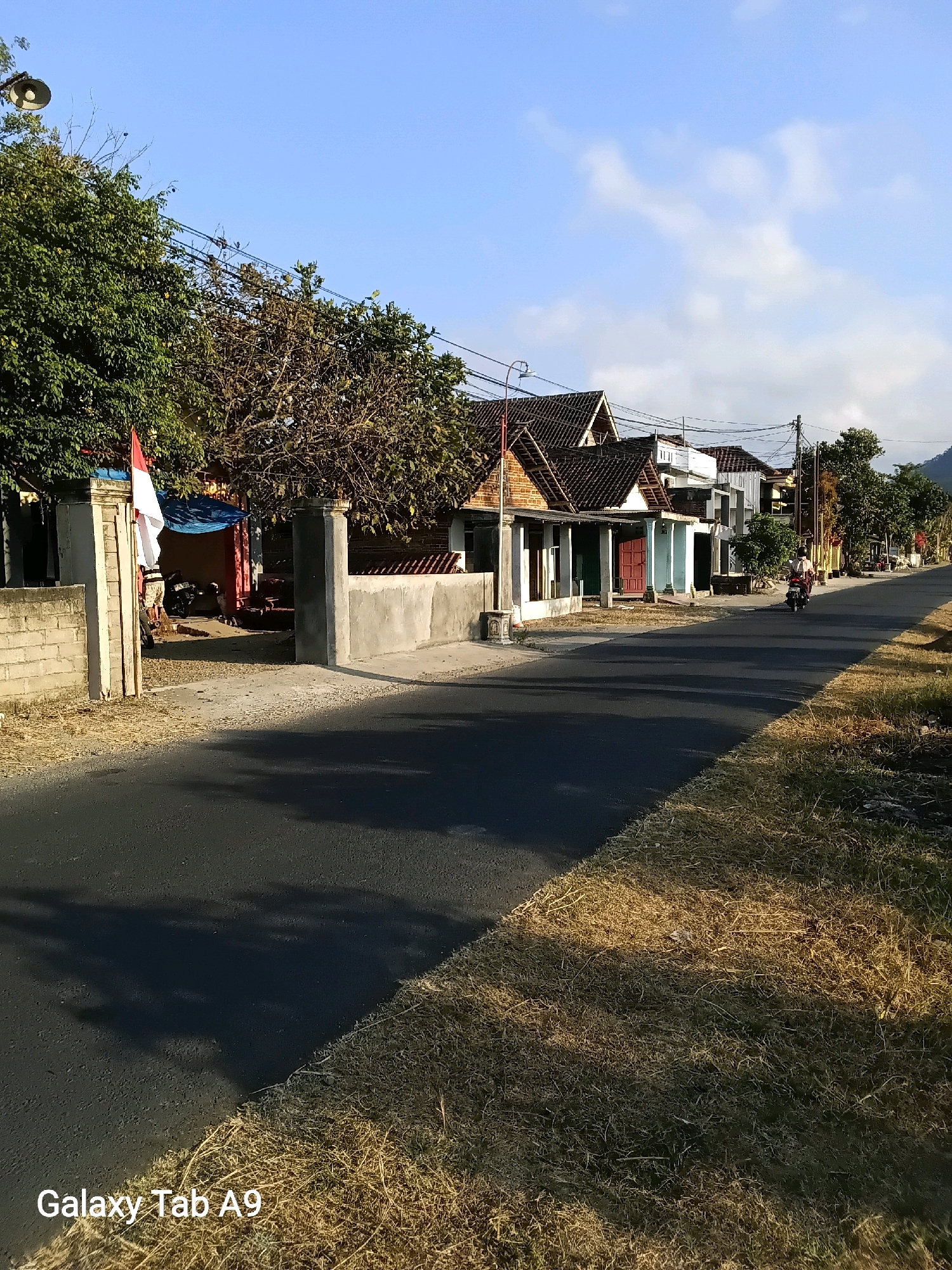 This is a photograph taken in Bendorejo, Indonesia, showing a street scene on a sunny day. The foreground features a paved road with a distinct shadow cast across it from overhead objects. To the right of the road, dry, yellowish grass lines the verge, also partially shadowed.
On the left side of the road, a driveway leads to a property. A concrete wall and pillars mark the entrance. Behind these, a person is visible near a motorcycle, and a red and white Indonesian flag is prominently displayed on a pole. A blue tarp is also present. The property itself appears to be a home or business with a brick facade.
Further down the street, a row of houses is visible, exhibiting various architectural styles and colors. The houses have pitched roofs, and some feature open verandas. A person is riding a motorcycle down the street, heading away from the camera. Trees with lush green foliage and some with bare branches are scattered throughout the scene, along with utility poles and wires. The sky is a clear blue with a few wispy clouds. The overall impression is that of a quiet, residential street in a rural or semi-rural area.
