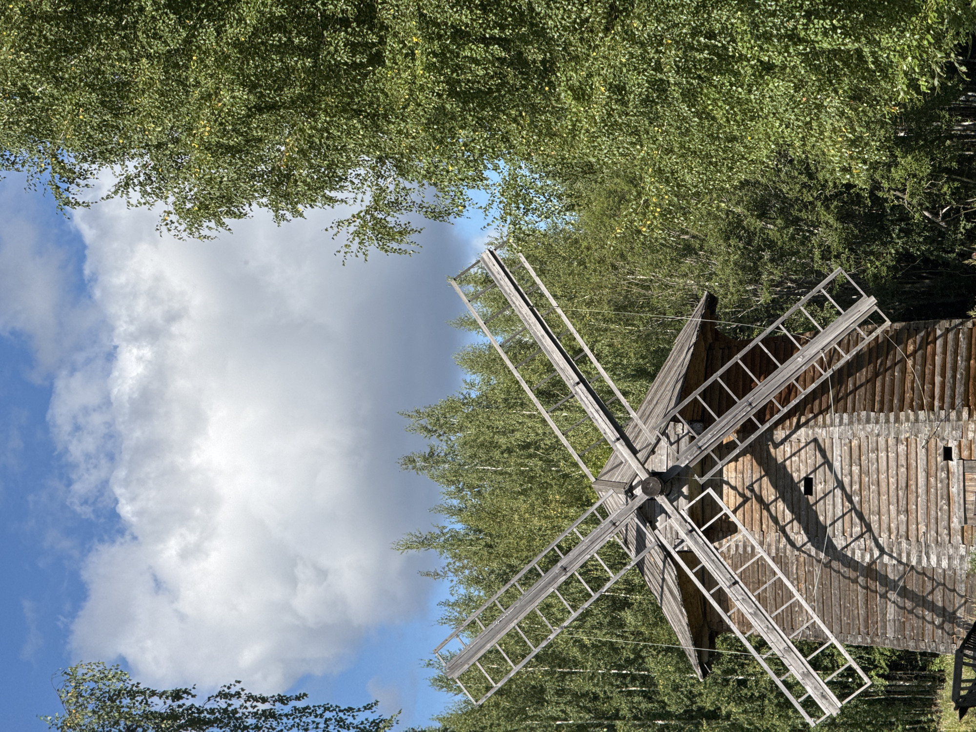 An old wooden windmill stands in a rural setting, surrounded by a dense forest of green trees. The sky above is blue with fluffy white clouds. The windmill has four large wooden blades, two of which are visible. The structure of the windmill is made of horizontal logs, and a shadow from one of the blades is cast across its front. The image appears to be taken on a sunny day. The location is specified as Gora (Khokhlovskoe S/P), Russia. There are no people or animals visible in the image.