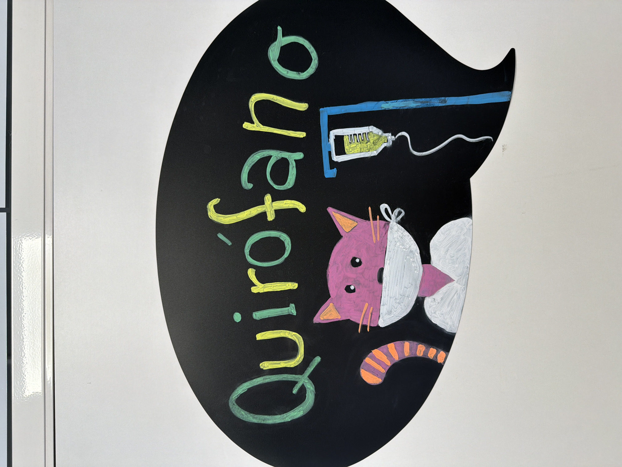 The image depicts a black chalkboard sign mounted on a white wall. The sign is an irregular oval shape with a notched section at the top. On the chalkboard, "Quirófano" is written vertically in yellow and green chalk. Above the text is a chalk drawing of a saline drip and a stylized cat with one half purple and the other white wearing a surgical mask and an orange striped tail visible at the bottom. The setting appears to be a hospital in Madrid, Spain.