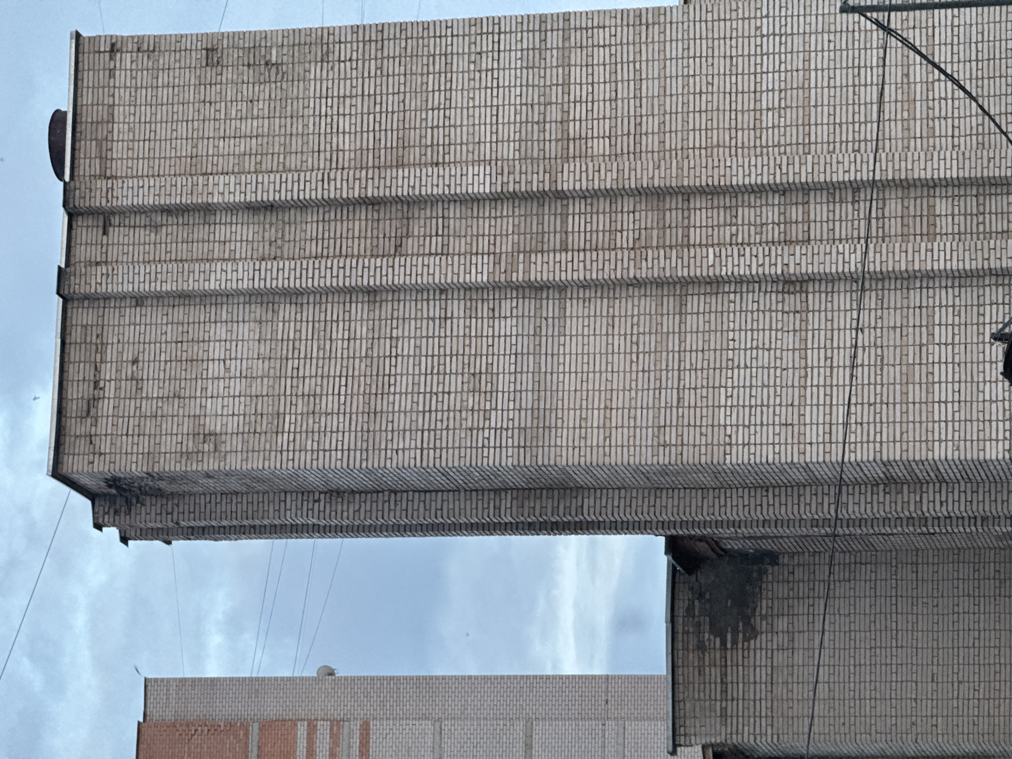 A tall, light-colored brick structure with vertical indentations dominates the frame. To the left, another building made of light-colored brick with red brick accents is partially visible. The sky above is overcast with a pale blue hue. Several power lines are strung across the scene, some running horizontally and others diagonally. The brickwork on the main structure appears weathered, with some discoloration and staining, particularly near the top. A dark circular object, possibly a vent or chimney, is visible on the roofline of the main structure. The bottom of the image shows a lower brick wall and some dark, indistinct objects. The scene appears to be an urban environment, likely in Izhevsk, Russia, given the context of the request.