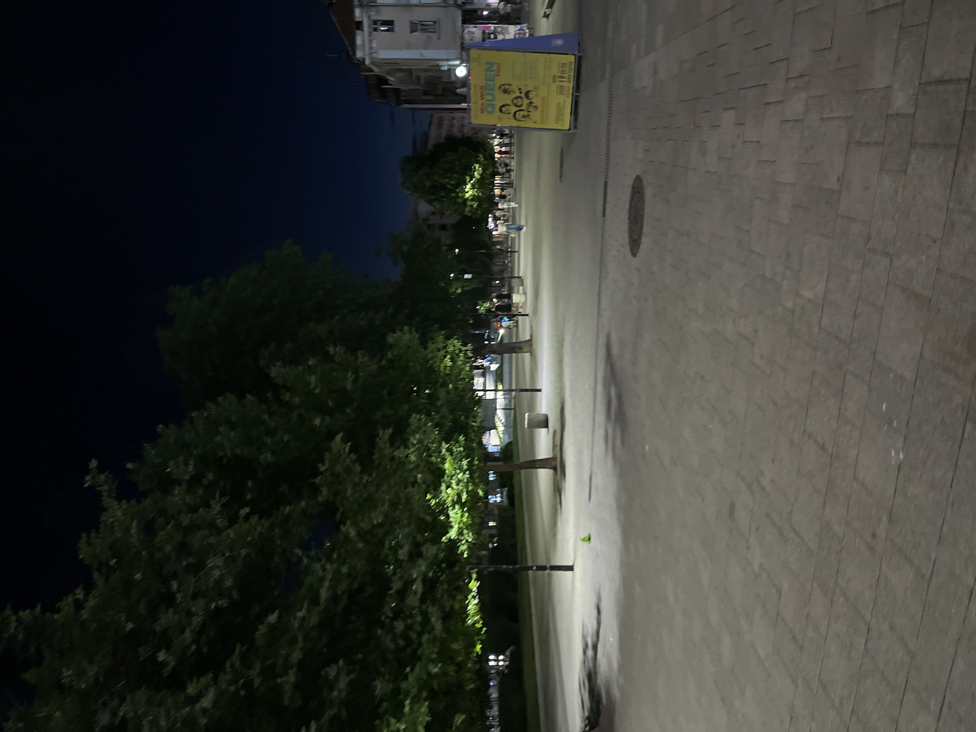 The image shows a wide, paved plaza at night. Several large trees with green foliage line the left side of the plaza, their branches casting shadows on the ground. Streetlights illuminate the area, creating a soft glow. In the background, there are buildings with illuminated windows and a few people can be seen walking in the distance. A yellow poster with images of faces and text in English, advertising "We Will Queen You," stands prominently on the right side of the plaza. The ground is paved with rectangular stones, and a manhole cover is visible in the center of the plaza. The sky is dark blue, indicating it is nighttime.