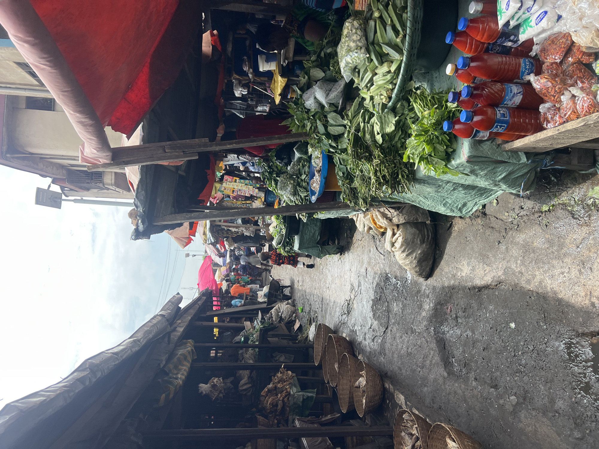 The image depicts a bustling outdoor market in Nkpor, Nigeria, likely in the daytime given the bright ambient light. The scene is oriented vertically, creating a unique perspective of the market stalls and the ground.
The market is filled with a variety of goods. Prominently displayed are fresh produce, including large bunches of leafy green vegetables and okra, as well as several bottles of red liquid, possibly palm oil or a similar commodity, with blue caps. Bags of dried goods and spices are also visible, some in plastic packaging and others in larger sacks. Woven baskets are stacked on the ground, suggesting items for sale or transport.
Several people are present, though they are mostly out of focus or in the background, suggesting a busy market environment. Some appear to be vendors tending to their stalls, while others may be shoppers navigating the narrow aisles. The overall atmosphere appears lively and functional, characteristic of a typical Nigerian market.
The setting is somewhat rustic, with wooden structures forming the stalls and tarpaulin-like coverings providing shade. The ground is uneven and appears to be a mix of dirt and possibly some wet patches, indicating recent rain or water spillage. In the background, glimpses of buildings and other market stalls can be seen, extending the sense of a large, active marketplace.
Some text is visible on the labels of the red bottles, though it is too small and blurry to be deciphered. The colors are generally muted, with the vibrant reds of the bottles and some fabrics contrasting with the earthy tones of the produce, baskets, and ground. The weather appears to be partly cloudy, with some sky visible in the upper portion of the image.