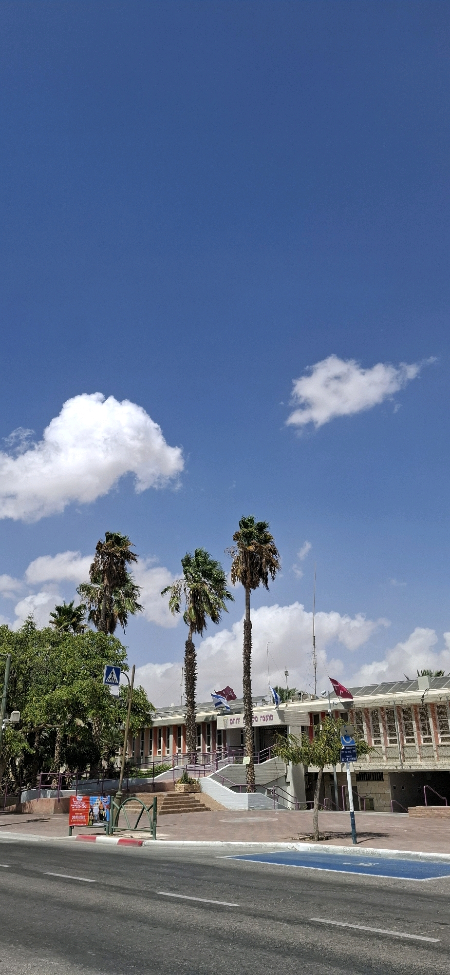 This is a medium-shot, eye-level, vertical, outdoor, daytime photograph taken from a street in Yerocham, Israel. The scene is dominated by a bright blue sky with scattered white clouds. In the foreground, a road is visible with white lane markings. Beyond the road, a sidewalk area features red paving stones and a blue-painted parking space. A metal barrier with red and white striped elements separates the road from the sidewalk.
To the left of the frame, a lush green tree stands tall, with several palm trees of varying heights behind it and to its right. A pedestrian crossing sign is mounted on a pole in front of the trees.
A building, likely a public institution, is situated behind the palm trees. The building has a light-colored facade with prominent windows and a repeating pattern of darker frames. A set of wide stairs leads up to the main entrance, flanked by palm trees and planters. Several flags are displayed on poles in front of the building, including one with blue and white stripes, and others with burgundy and white designs. Hebrew text is visible on the building above the entrance.
A street sign indicating accessible parking is also present near the building. The overall impression is a sunny day in an urban or semi-urban environment. There are no people visible in the image.