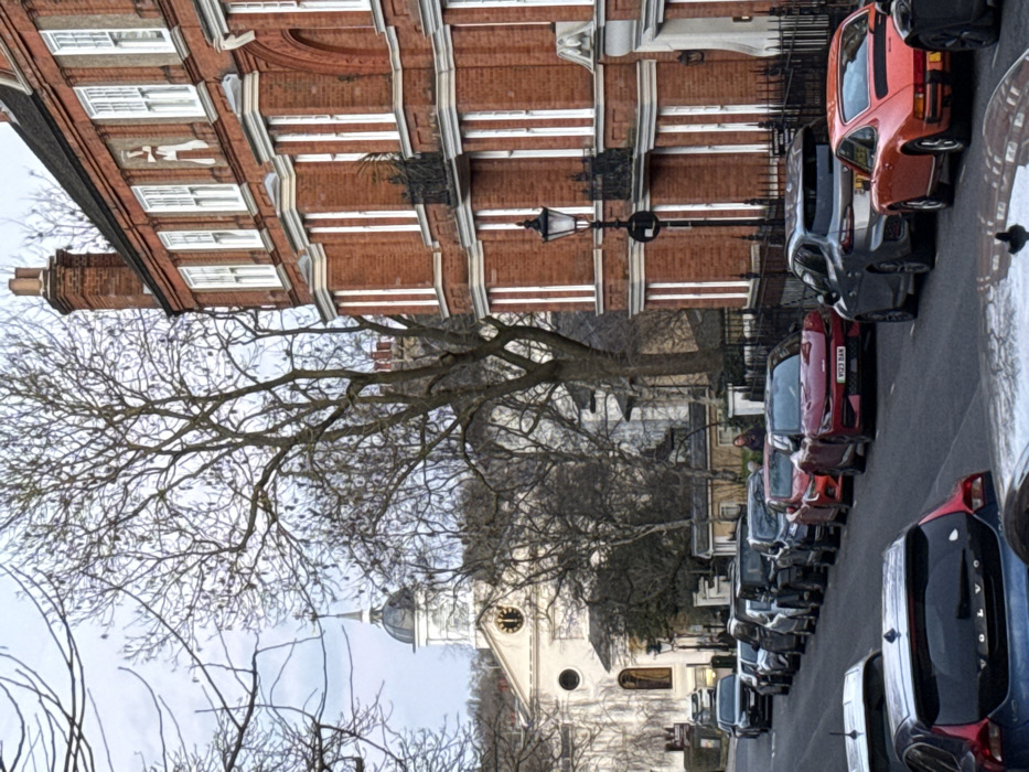 A street view presents a mix of urban and natural elements. A brick building with white-trimmed windows stands tall, juxtaposed with a bare tree. A white church with a clock tower sits further down the street. Cars of various colors line the side of the road. A solitary figure stands on the pavement. The overall scene feels urban and tranquil.