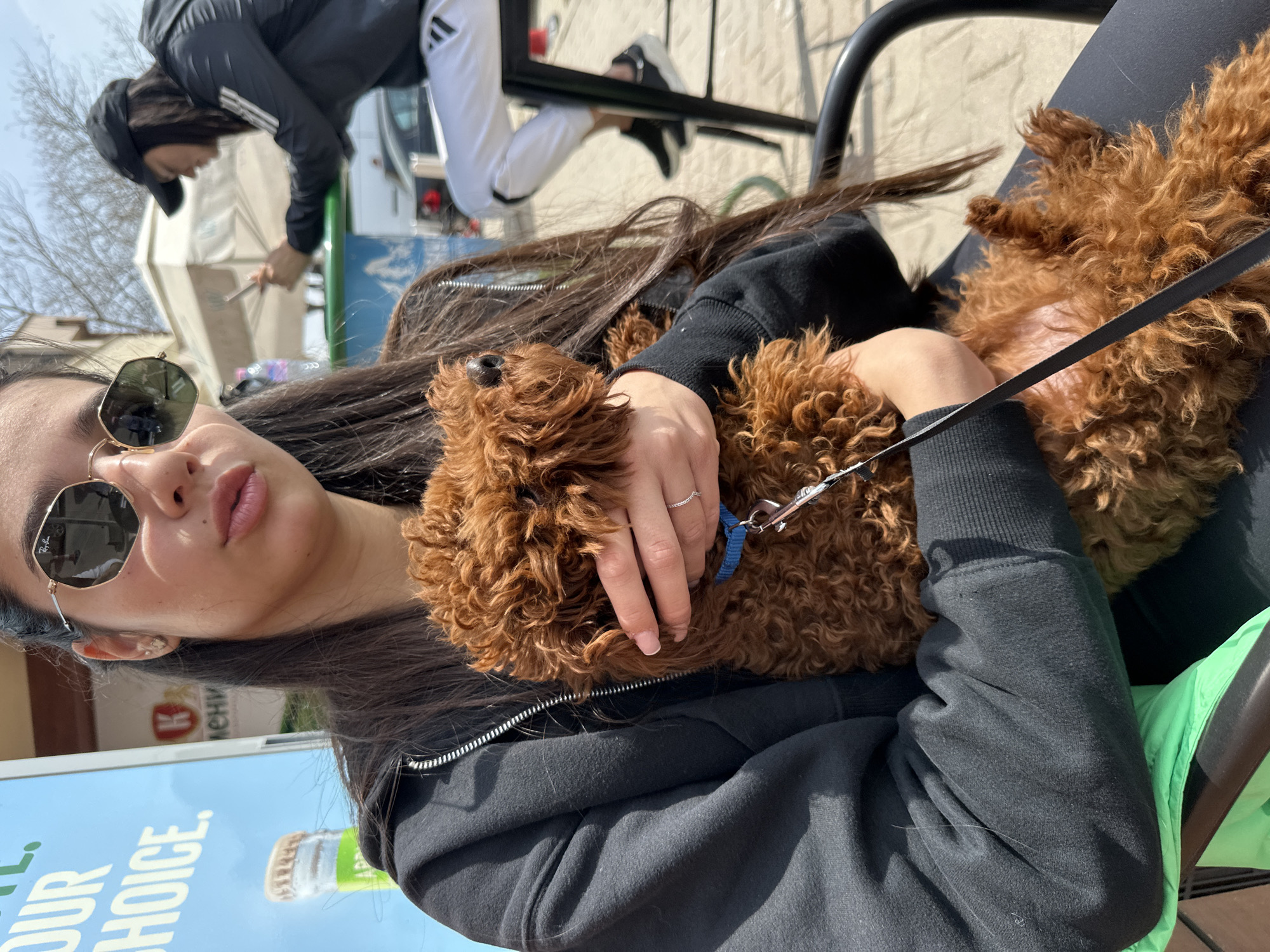 The image shows a woman sitting with a brown poodle-type dog in her lap. She is wearing sunglasses and a black zip-up hoodie. The dog is lying on its back, and the woman's hand is resting on its chest. The dog has a blue collar. In the background, there is another person wearing a black jacket with white stripes, and white pants, with dark shoes, possibly using a brush or similar tool by a tent or kiosk. The setting appears to be an outdoor public space, possibly a café or park area. A sign with a picture of a bottle can be seen next to the woman. Although the exact location cannot be identified from the image, it is stated that it is in the city of Plovdiv, Bulgaria.