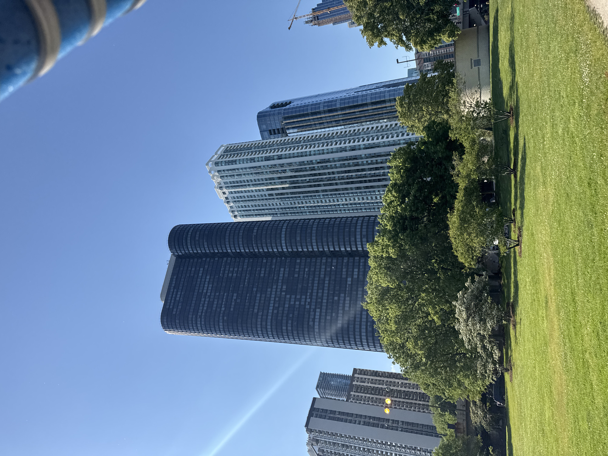 The image depicts a view of Chicago's cityscape from a park-like setting. High-rise buildings dominate the skyline, including Marina City towers. In the foreground, there is a green lawn, likely part of a park. Trees are interspersed between the buildings and the park area, providing a natural element to the urban landscape. The sky is clear and blue, indicating a sunny day. A construction crane can be seen in the upper left. The composition of the image suggests that it was taken from a low angle, looking up towards the buildings.