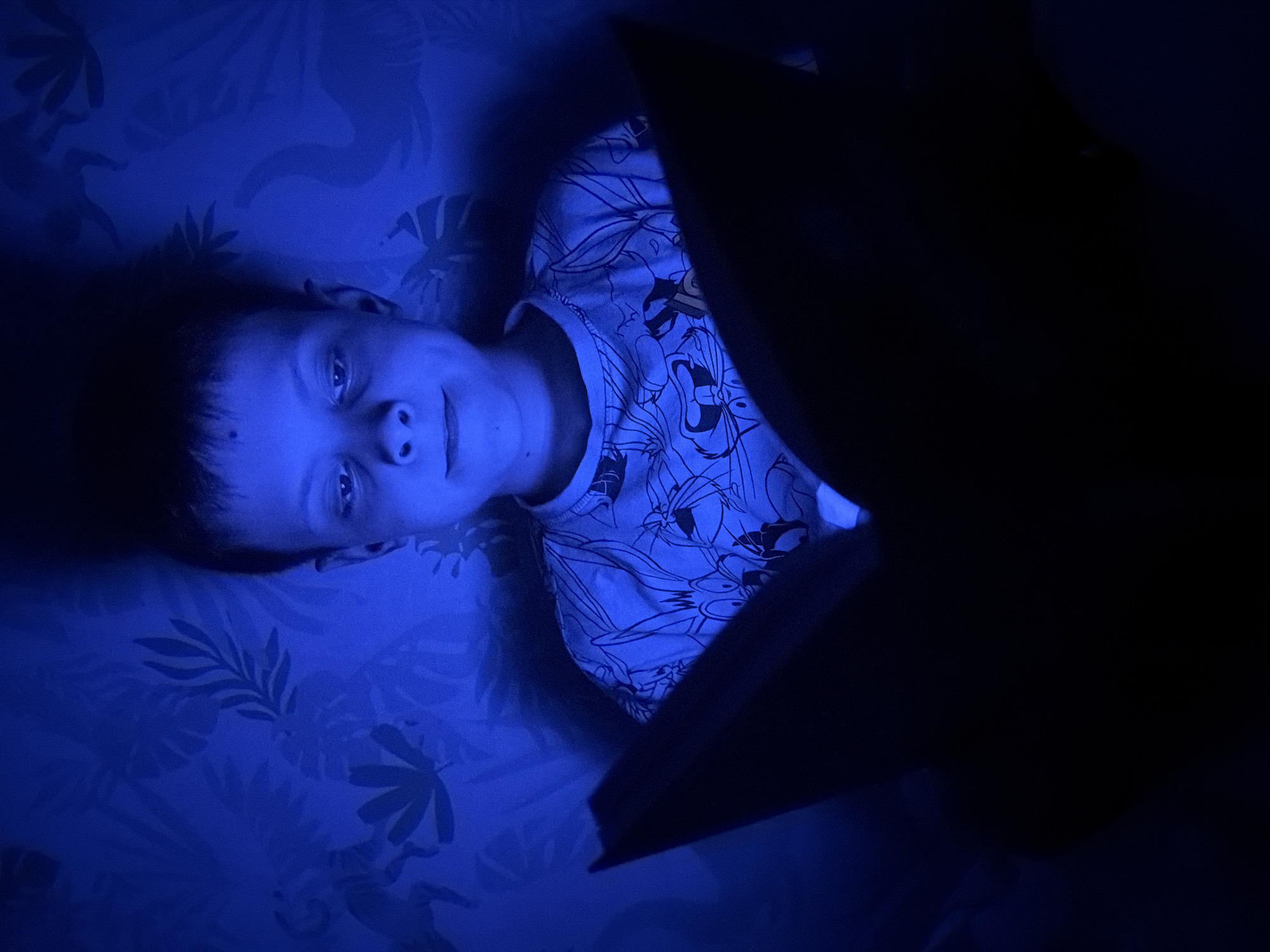 A young boy lies in bed under blue lighting, apparently reading a book, though the book is mostly obscured in darkness. He is wearing a light-colored T-shirt patterned with cartoon characters. The bed linens also have a light-colored pattern of leaves. The overall setting suggests an indoor environment. There is nothing in the picture that indicates the city of Votkinsk, Russia.