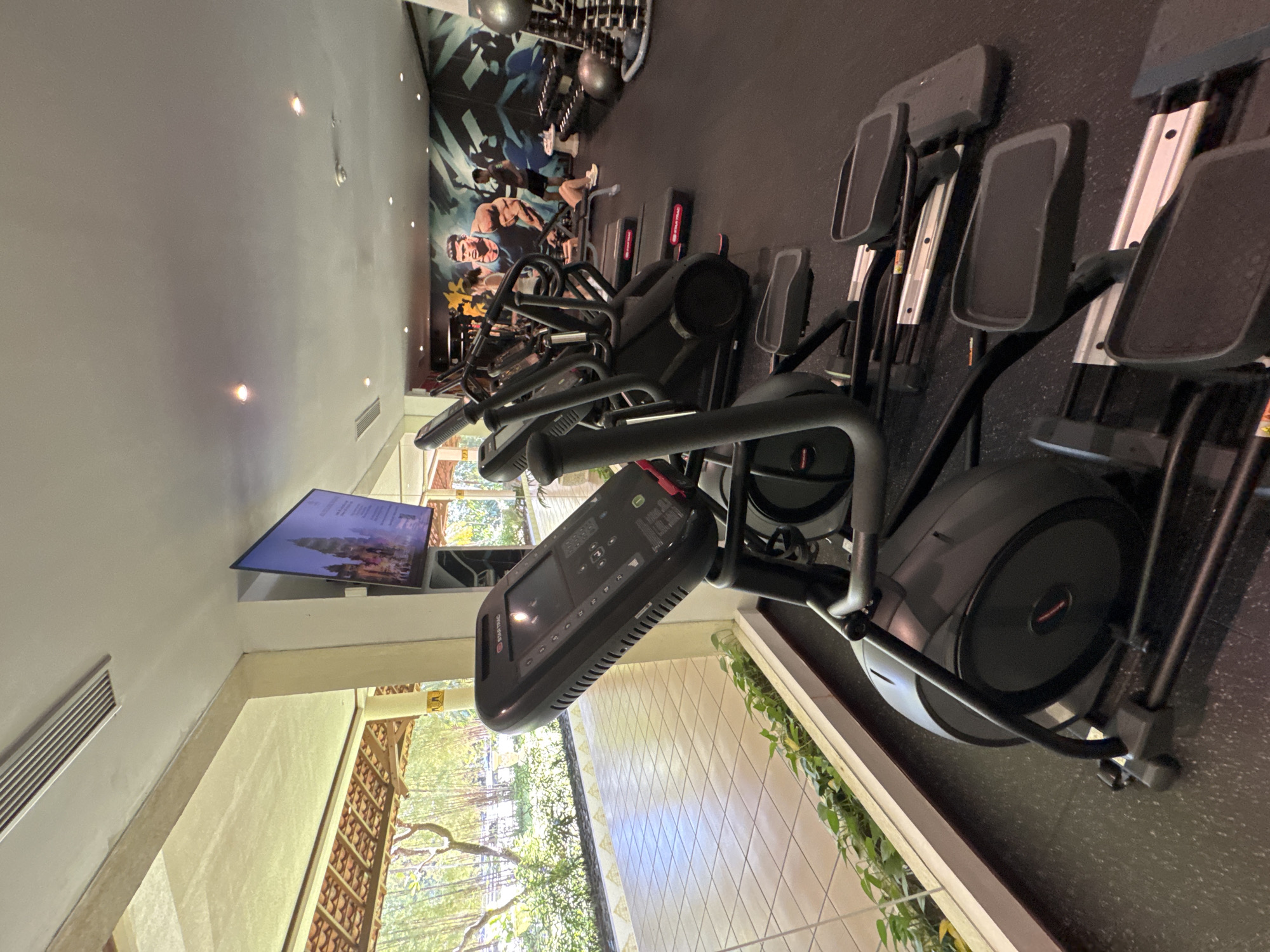 An indoor gym scene is captured in Kuta Selatan, Indonesia. The foreground is dominated by a row of black elliptical trainers, with the console of one prominently displayed. Beyond the trainers, a large window offers a view of a sunlit outdoor area with tiled flooring and lush green foliage. A flat-screen television mounted on a pillar displays an image of a pagoda-like building. In the background, a motivational mural of a muscular man adorns the wall, with several people engaged in workouts. To the right, weights and exercise equipment are neatly arranged on racks. The gym floor is dark and textured.
