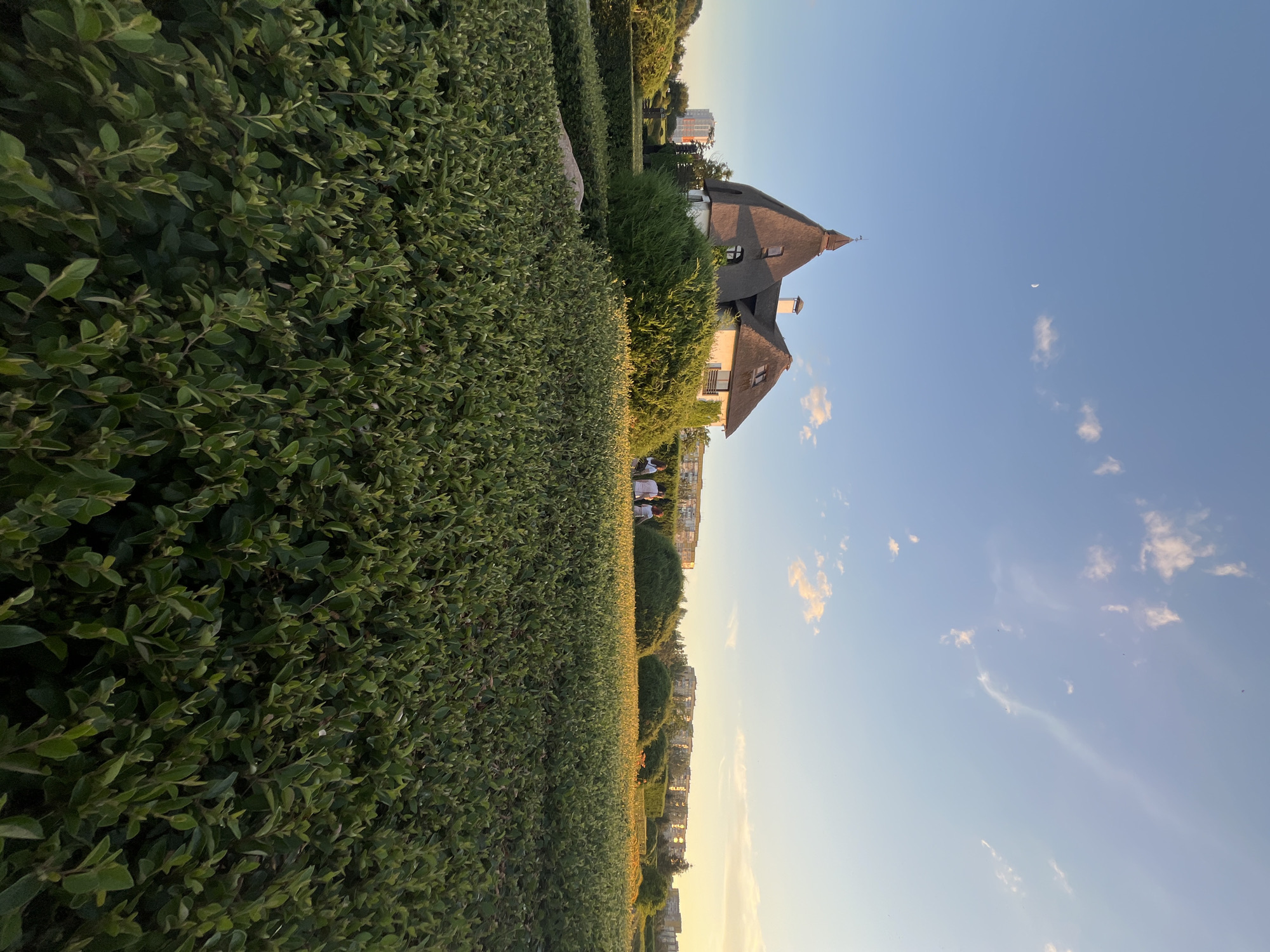 The image depicts a meticulously manicured garden with neatly trimmed green hedges in the foreground, extending towards a quaint, thatched-roof house situated behind larger bushes. The house features a prominent conical turret and a chimney. In the background, a line of residential buildings can be seen, indicative of an urban setting. The sky is a clear blue with a crescent moon visible and a few wisps of clouds. Several people are visible in the middle ground, walking near the house and amidst the sculpted bushes. The lighting suggests it is late afternoon or early evening, with the sun casting a warm glow on the scene. This location is likely the Dnipro National Botanical Garden in Dnipro, Ukraine, known for its diverse flora and landscaped areas.