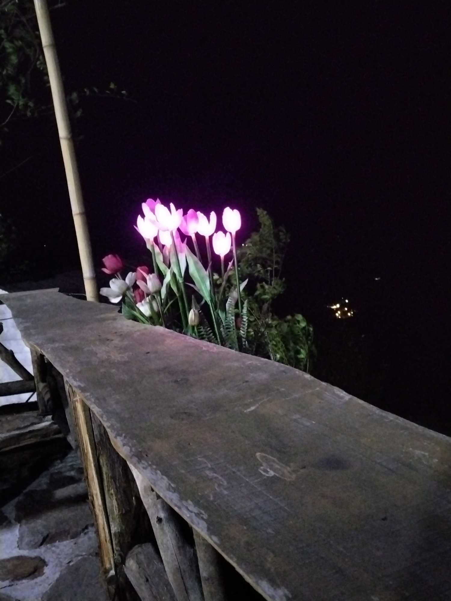 The image captures a night scene in Sa Pa Ward, Vietnam, featuring illuminated tulip-shaped lights and a wooden railing. The lights are a mix of pink and white, standing amidst greenery. Behind the greenery and lights, the night sky is visible with a few blurred lights in the distance, likely from the town below. The wooden railing is in the foreground, constructed from roughly hewn timber. Beneath the railing, stone steps are partially visible. A vertical bamboo pole stands adjacent to the illuminated tulips on the left.