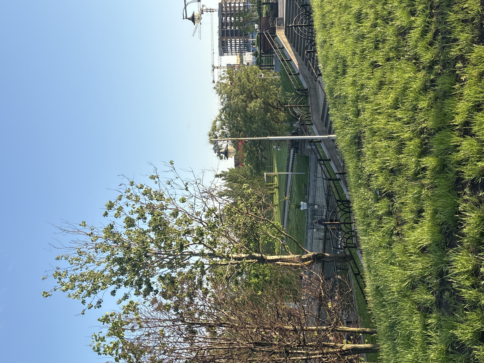 The image shows a park-like area with green grass, trees, and a view of a construction site in the background under a clear blue sky. There is a walkway with railings and stairs, and a lamp post can be seen in the distance. Based on the view of the construction site and the arrangement of the park elements, the location is Minsk, Belarus.
