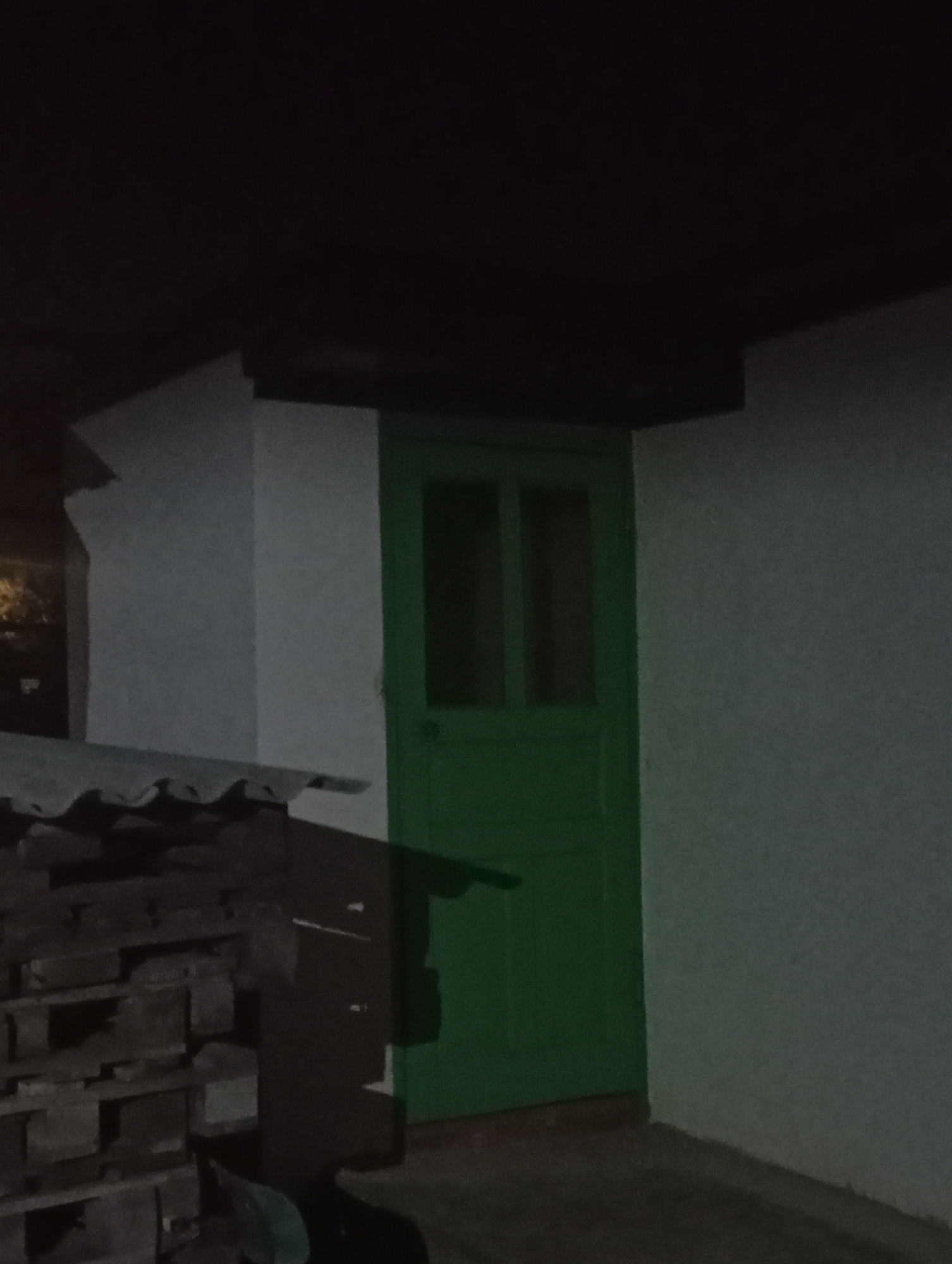 The scene depicts a dimly lit nighttime exterior location in Kurganinsk, Russia. A prominent closed, rectangular wooden door, painted vivid green, is centrally positioned against a white plastered wall. The upper section of the door features two vertical window panes. To the left of the door, another white plastered wall recedes, beneath a dark, corrugated roof section. Stacked against this left wall, under the corrugated roof, is a quantity of wooden pallets. The ground surface in the foreground is dark and even. A faint, distant light source and indistinct shapes are visible through an opening or gap at the far left of the image. No individuals, actions, or direct interactions are observable.