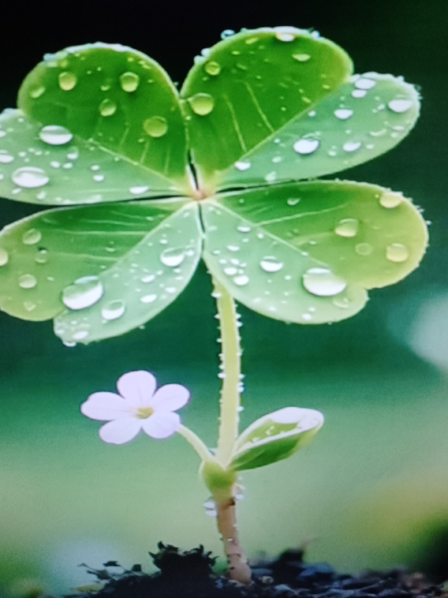 A close-up photograph depicts a four-leaf clover plant with a single, small, white flower growing alongside it. Water droplets are visible on the surface of the clover leaves. The plant is rooted in soil and set against a blurred, green background. No location is discernable.