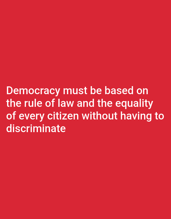 The image is a red background with white text. The text reads "Democracy must be based on the rule of law and the equality of every citizen without having to discriminate". There is no indication of the city of Payagaboh, Indonesia in the image.