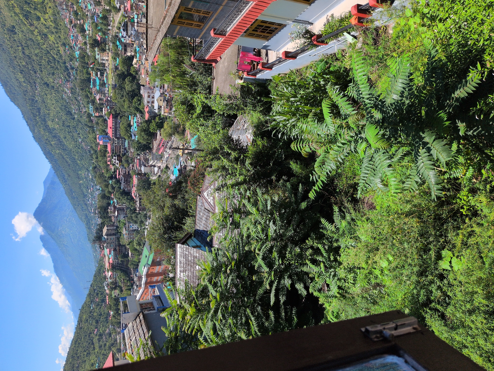 The image depicts a view of the city of Kullu, India, nestled within a lush green valley. In the foreground, dense foliage of various trees and plants obscures much of the lower part of the frame. A window frame is visible on the left, partially framing the scene.
Beyond the immediate greenery, the town of Kullu unfolds across the hillside. Numerous buildings with colorful roofs, predominantly in shades of blue, green, and red, are scattered amidst the trees. The architecture appears to be a mix of traditional and more modern styles, with some structures featuring balconies and intricate detailing.
In the background, majestic mountains rise, covered in dense forestation. The sky is a clear, bright blue with a few white clouds. The overall impression is that of a vibrant town integrated harmoniously with its natural mountainous surroundings. The scene appears to be captured during daylight, likely on a sunny day given the clear sky and illumination. No people or animals are discernible in the image.