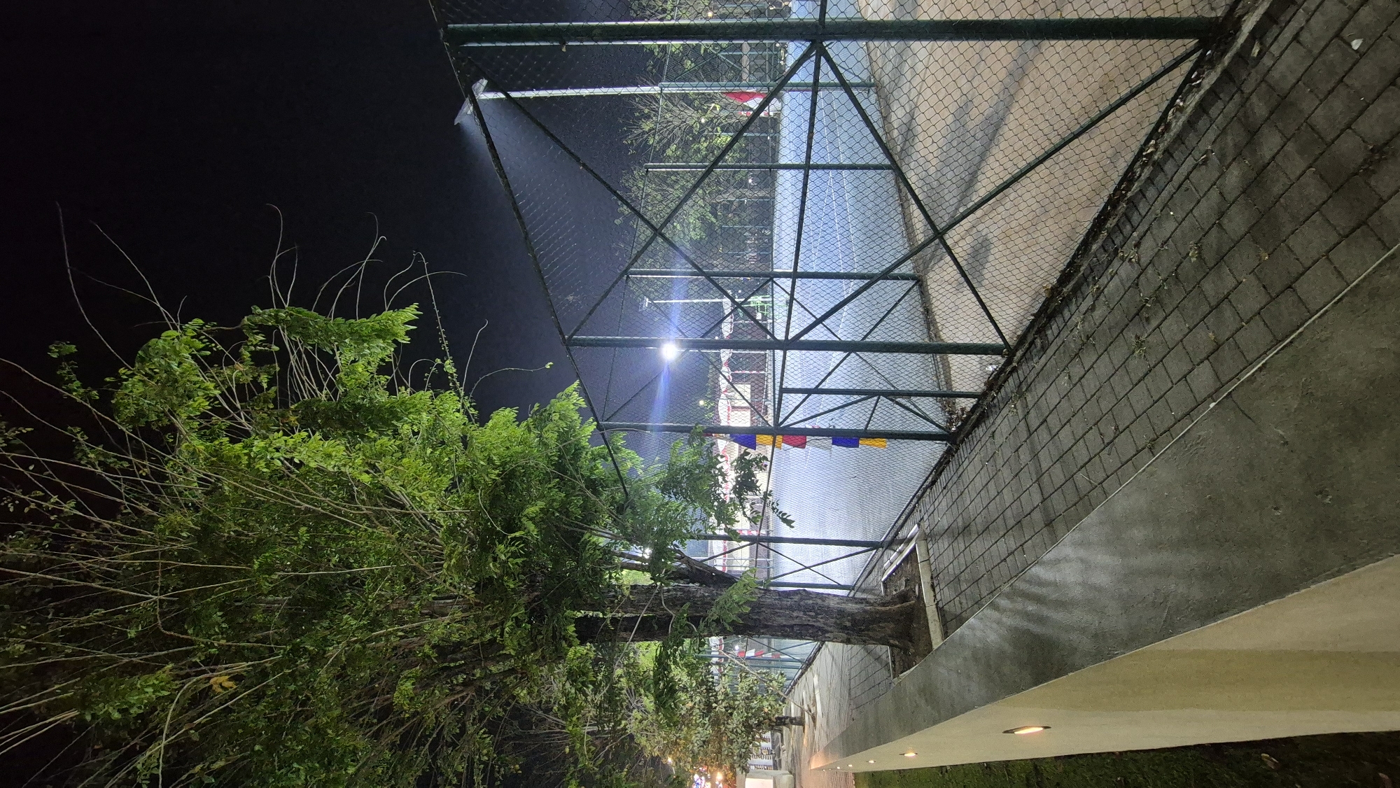 The image depicts an outdoor tennis court at night in Karawang, Indonesia. A chain-link fence encloses the court, which is illuminated by overhead lights. Several trees, with lush green leaves, are visible to the left of the court, with their branches extending over the fence. A paved walkway runs alongside the fence, with a low concrete wall on its left. The court surface appears to be a light blue color, and there are some colorful banners hanging on the fence. No people are visible in the image. The overall impression is that of a well-maintained sports facility.
