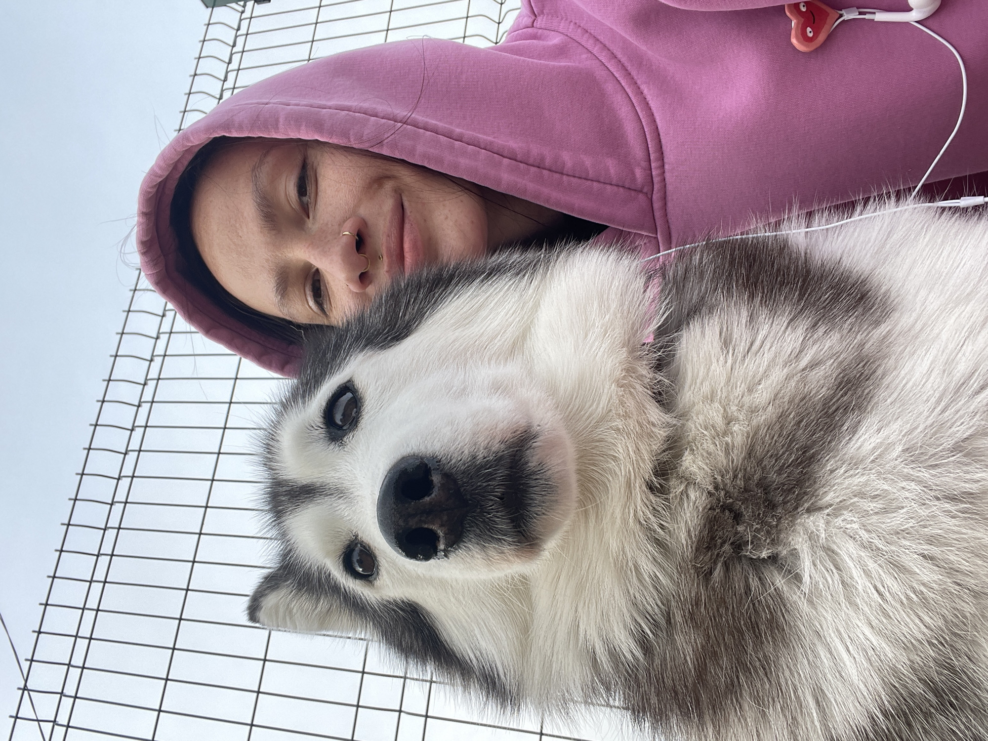 A woman and a husky dog are viewed from a low angle against a wire grid, likely a fence. The woman is wearing a pink hooded sweatshirt and has a nose ring. A set of white earphones are attached to the hoodie. The husky dog is in the foreground, with a white and grey fur pattern and a black nose. The background is pale, possibly the sky, and the grid pattern of the fence is visible. The photo does not contain any information to identify the location as Izhevsk, Russia.