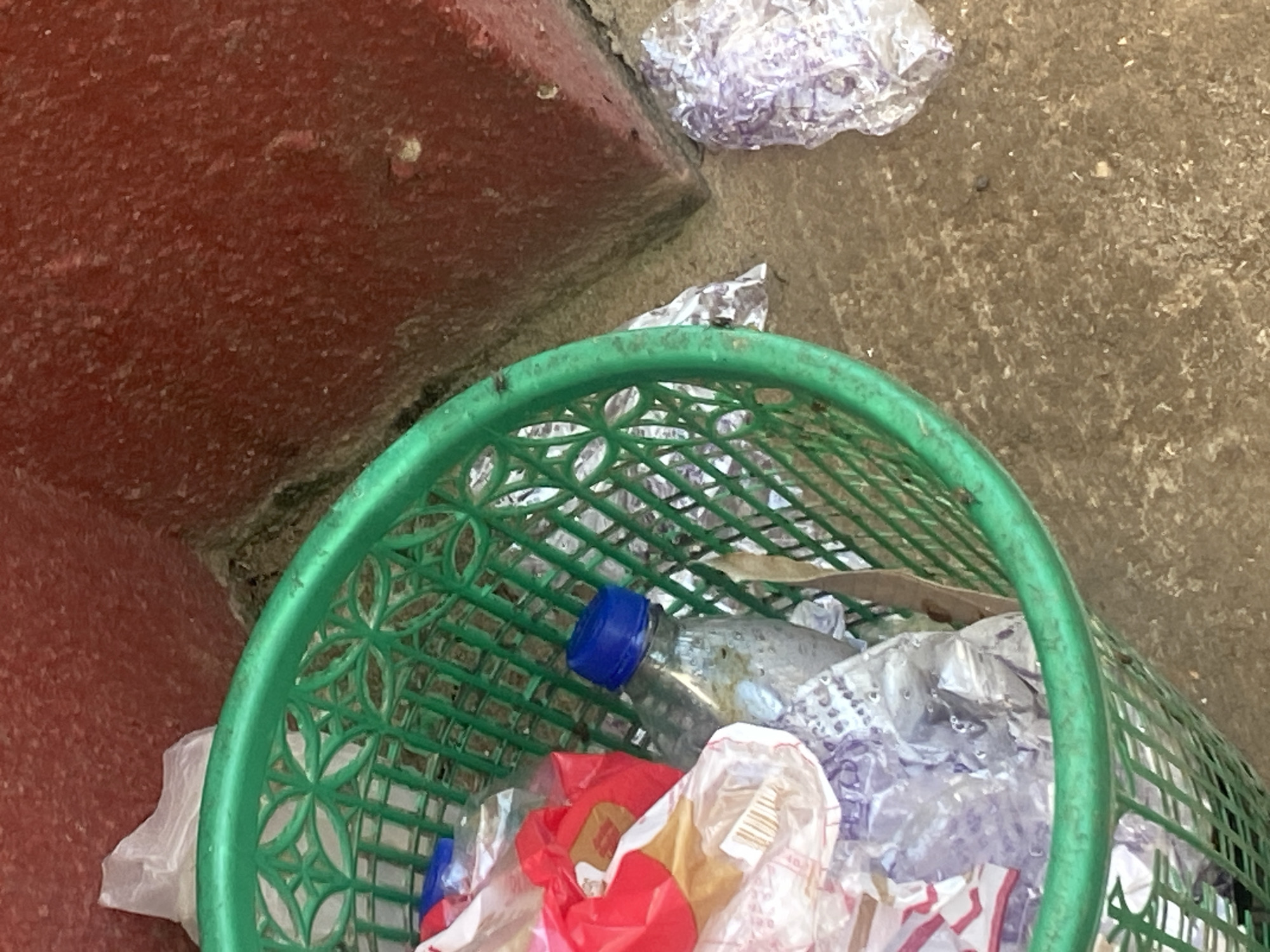 A close-up shot focuses on the contents of a green, plastic, mesh-design trash can. The can is filled with various types of trash, including crumpled plastic bags, some with purple text, and what appears to be a plastic water bottle with a blue cap. A red plastic bag is also visible amongst the debris. The trash can sits on a rough, concrete surface, likely a sidewalk or pavement. To the left of the trash can, a portion of a rough, textured, reddish-brown surface is visible, possibly a wall or a planter box. The scene suggests an outdoor urban environment, consistent with the Ikorodu, Nigeria location context. The lighting appears to be natural daylight, indicating the photo was taken during the day. Several small, dark insects, possibly flies, are visible on the rim and inside the trash can, suggesting it may have been outdoors for some time and potentially attracted insects. There is no clear indication of specific time of day or weather conditions beyond it being daylight. The overall impression is one of a common urban scene, with litter and neglect, common in many public spaces.