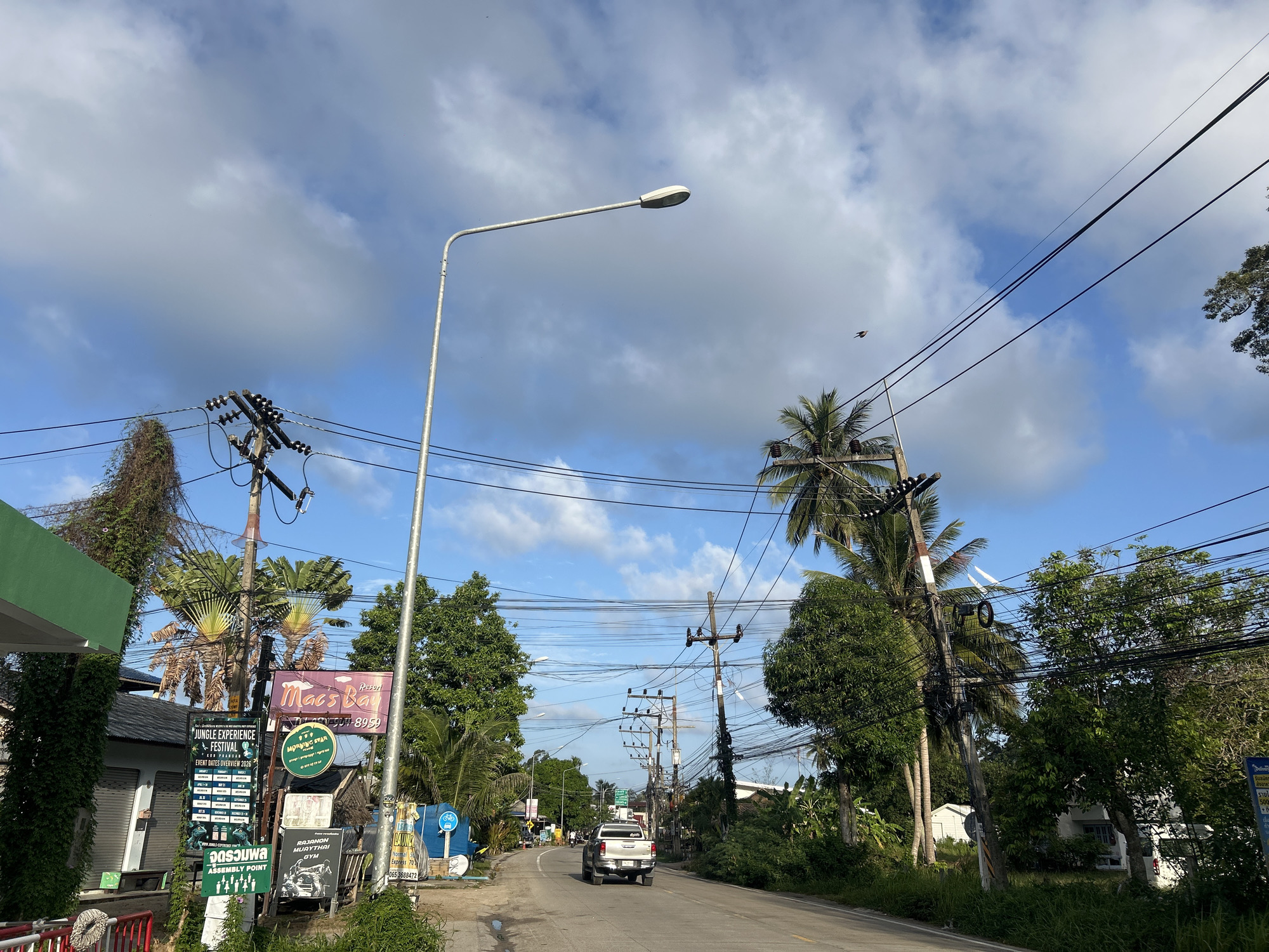 The image captures a street scene in Ko Pha-ngan District, Thailand, on a bright, partly cloudy day. A paved road runs through the center, with a white pickup truck driving away from the viewer. On either side of the road, lush green vegetation and palm trees are abundant. Utility poles with numerous electrical wires are a prominent feature, interspersed with streetlights. Several signs are visible on the left side of the road, some advertising events like a "Jungle Experience Festival" and others indicating businesses such as "Mac's Bay Resort" and "Morning Star." A building with a green facade is partially visible on the far left. The sky is a vibrant blue with scattered white clouds, and a bird can be seen flying in the distance. The overall impression is of a tropical, semi-rural road in Thailand, characterized by its natural beauty and the presence of essential infrastructure.