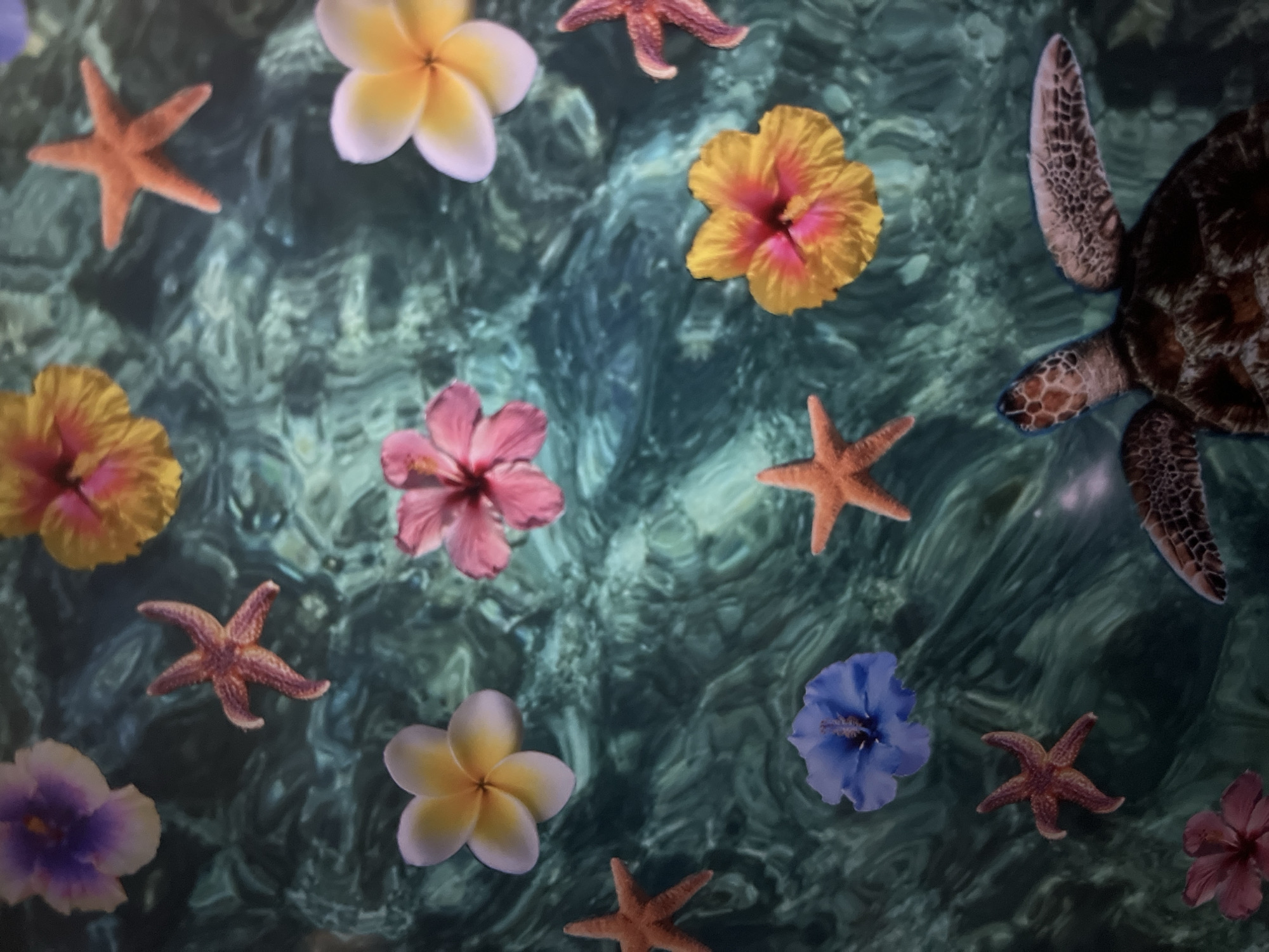 The image shows a top-down view of a collection of objects floating on a surface that resembles water with a dark, rippling green and blue texture. There are several colorful flowers and starfish scattered across the surface. The flowers appear to be of various types and colors, including purple, yellow, pink, and blue. The starfish are a reddish-orange color. In the lower right corner, a sea turtle's head and flipper are visible, partially submerged. The overall impression is of a vibrant and tropical scene.