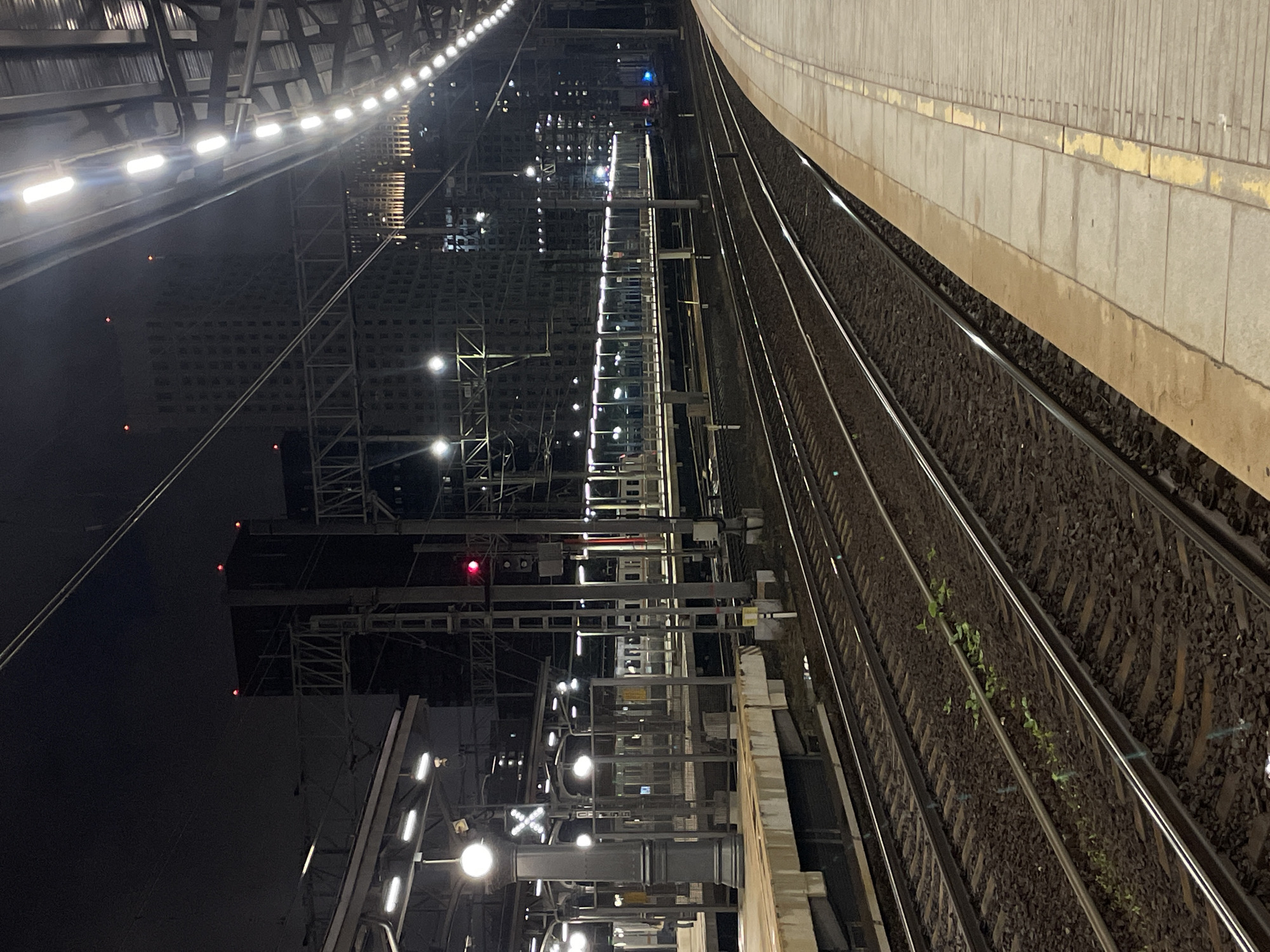 The image depicts a nighttime view of a train station platform with multiple sets of tracks. The platform is illuminated by overhead lights and features a yellow safety line along its edge. Train cars are visible on parallel tracks in the background, with their windows lit. Tall buildings with numerous illuminated windows rise in the distance, suggesting an urban environment. Several red signal lights are visible on poles along the tracks. The tracks themselves are made of ballast and metal rails, with some sparse vegetation growing between them in the foreground. The scene appears to be a functional transportation hub at night, with an atmospheric quality due to the lighting and darkness.