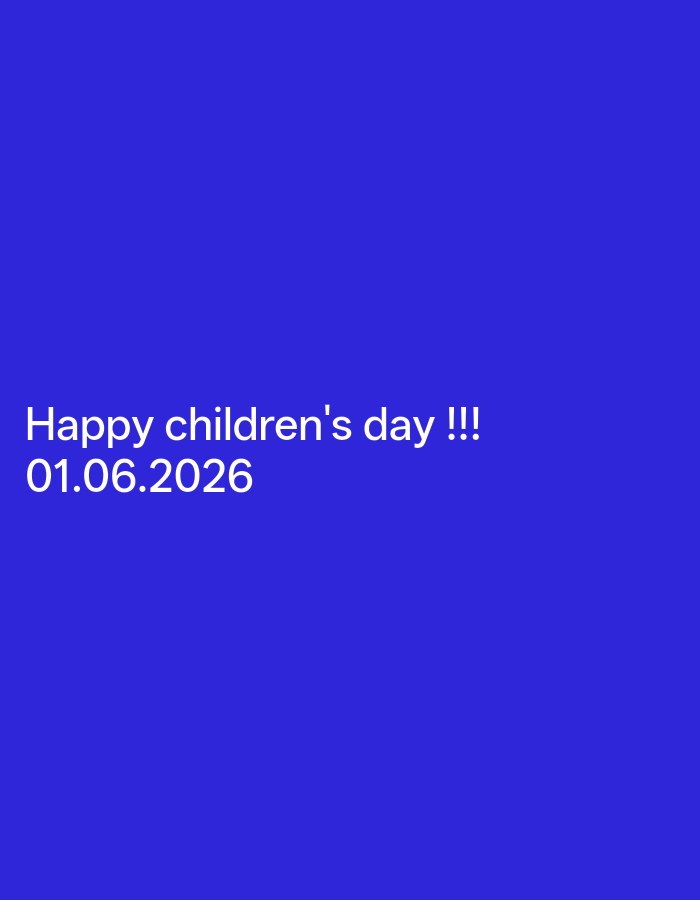 The image displays white text against a solid royal blue background. The text reads "Happy children's day !!!" on the first line, followed by the date "01.06.2026" on the second line. There are no other subjects, objects, or scene elements visible. The image is a textual message, likely a greeting or reminder for Children's Day on June 1st, 2026. No specific time of day, weather, or explicit location cues are present within the image itself, though it is contextualized with Svilengrad, Bulgaria. The overall tone is celebratory, marking a future event.