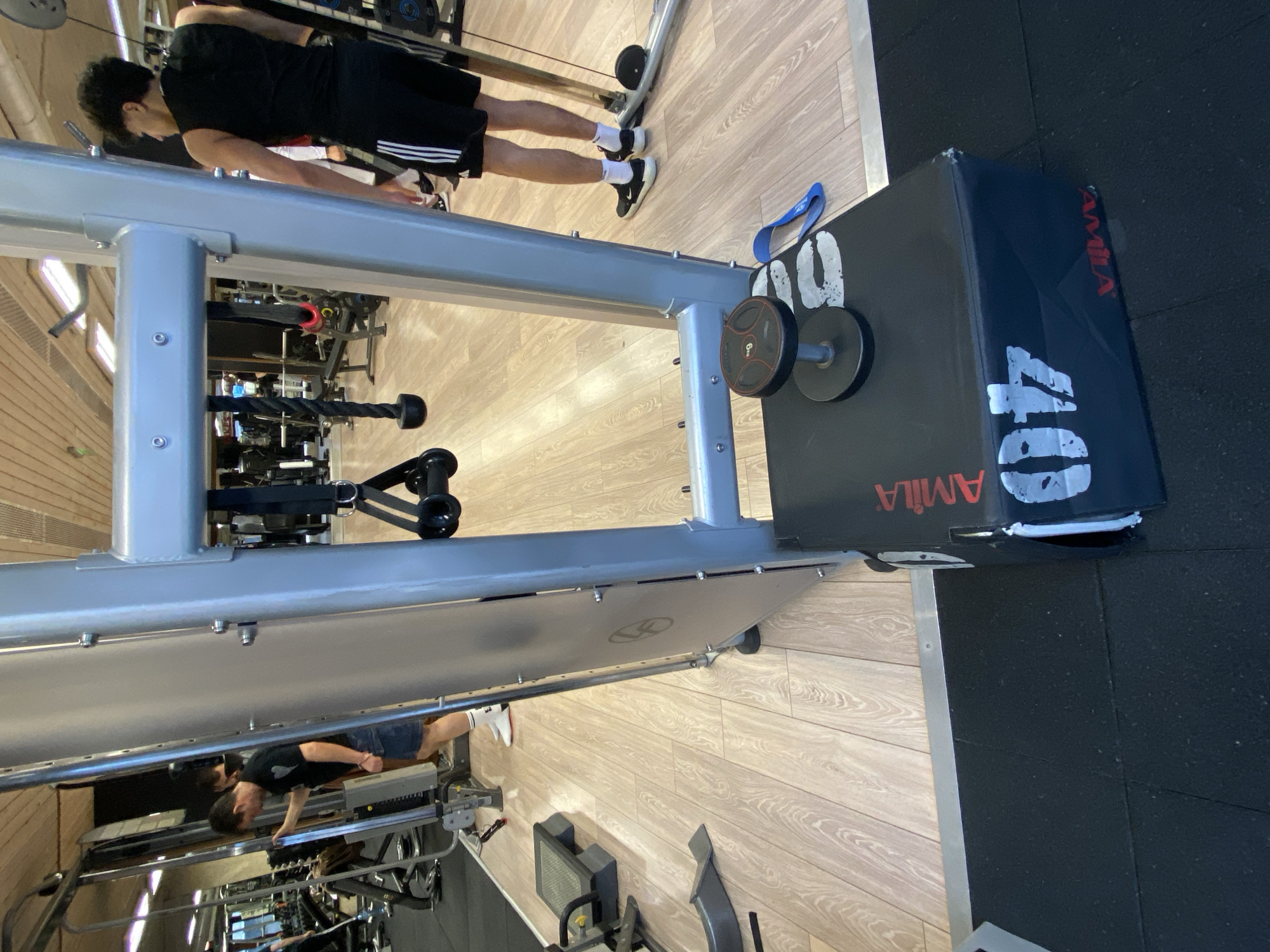 This image depicts the interior of a fitness center located in Sofia, Bulgaria. The foreground is dominated by a silver-grey cable machine, framed centrally, with various cable attachments hanging from its upper structure. On the black rubber matting directly beneath the cable machine, a black plyo box with red "AMILA" branding and "07" in white is positioned. A black dumbbell, marked with "9 kg" in red, rests on top of this plyo box. To the right of the plyo box, on the light-colored wood laminate floor, a single blue arch support or shoe insert is visible.
Two male individuals are partially visible within the scene. On the left side, a male subject wearing a dark t-shirt with a white heart logo and denim shorts is seen adjusting equipment on a different machine or a part of the cable station. On the right side, another male subject, viewed from the back, wears a black sleeveless top and black Adidas shorts with white stripes; he is standing near another piece of equipment, possibly resting.
The gym environment features extensive mirrored walls reflecting additional exercise equipment, creating an illusion of a larger space. The ceiling is clad in light-colored wood paneling with rectangular fluorescent light fixtures. The flooring transitions from the light wood laminate to black rubber matting in designated workout areas.