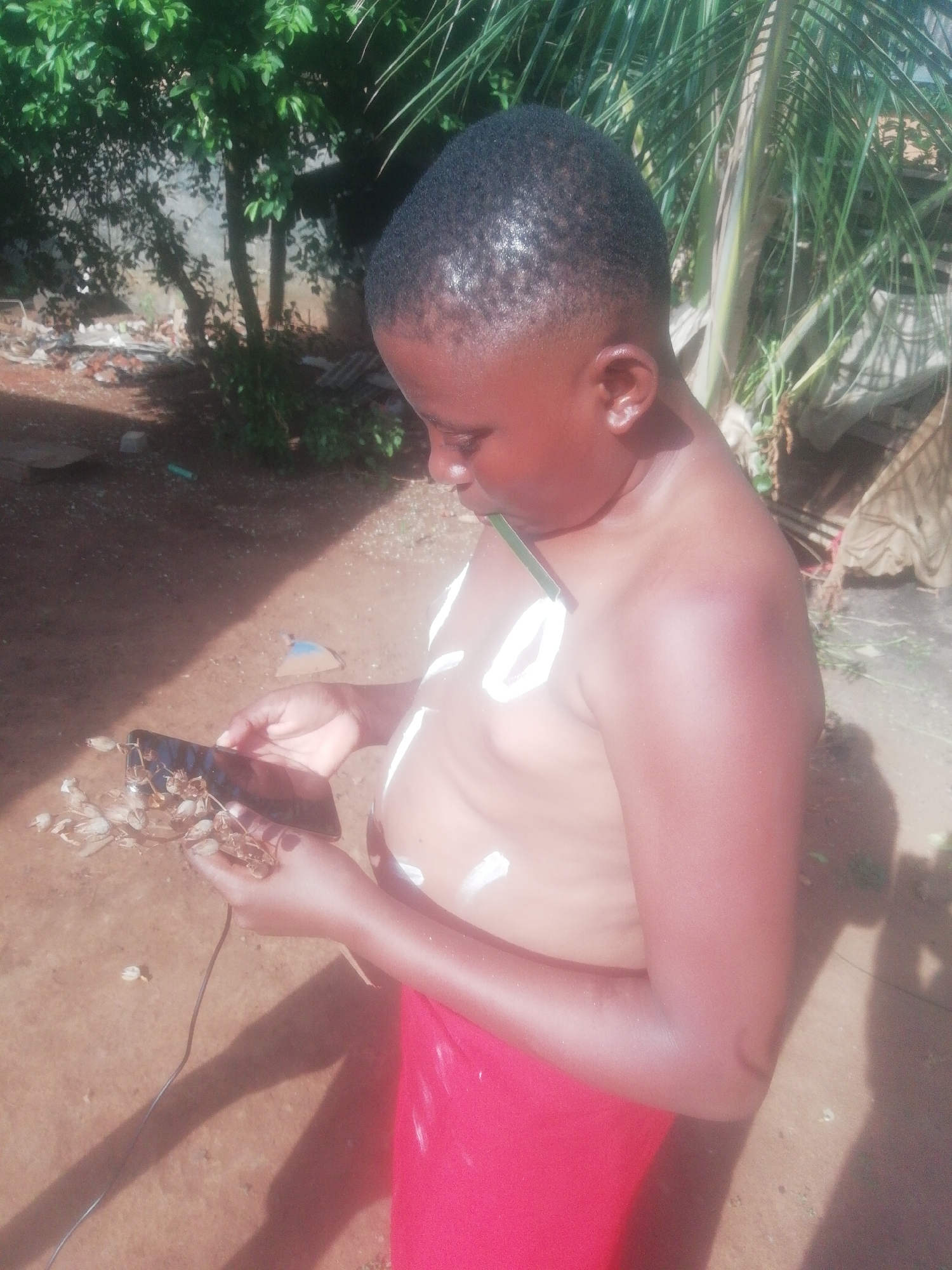 A person with dark skin and short black hair is standing outdoors, holding a black smartphone in their left hand that displays a cluster of dried-up plant material. The person has a green object held in their mouth and is wearing a bright red cloth wrapped around their lower body. They are bare from the waist up, with white markings on their torso. The background features a mix of vegetation including leafy trees and palm fronds, along with some indistinct debris on the ground. The location is Unknown, Unknown.