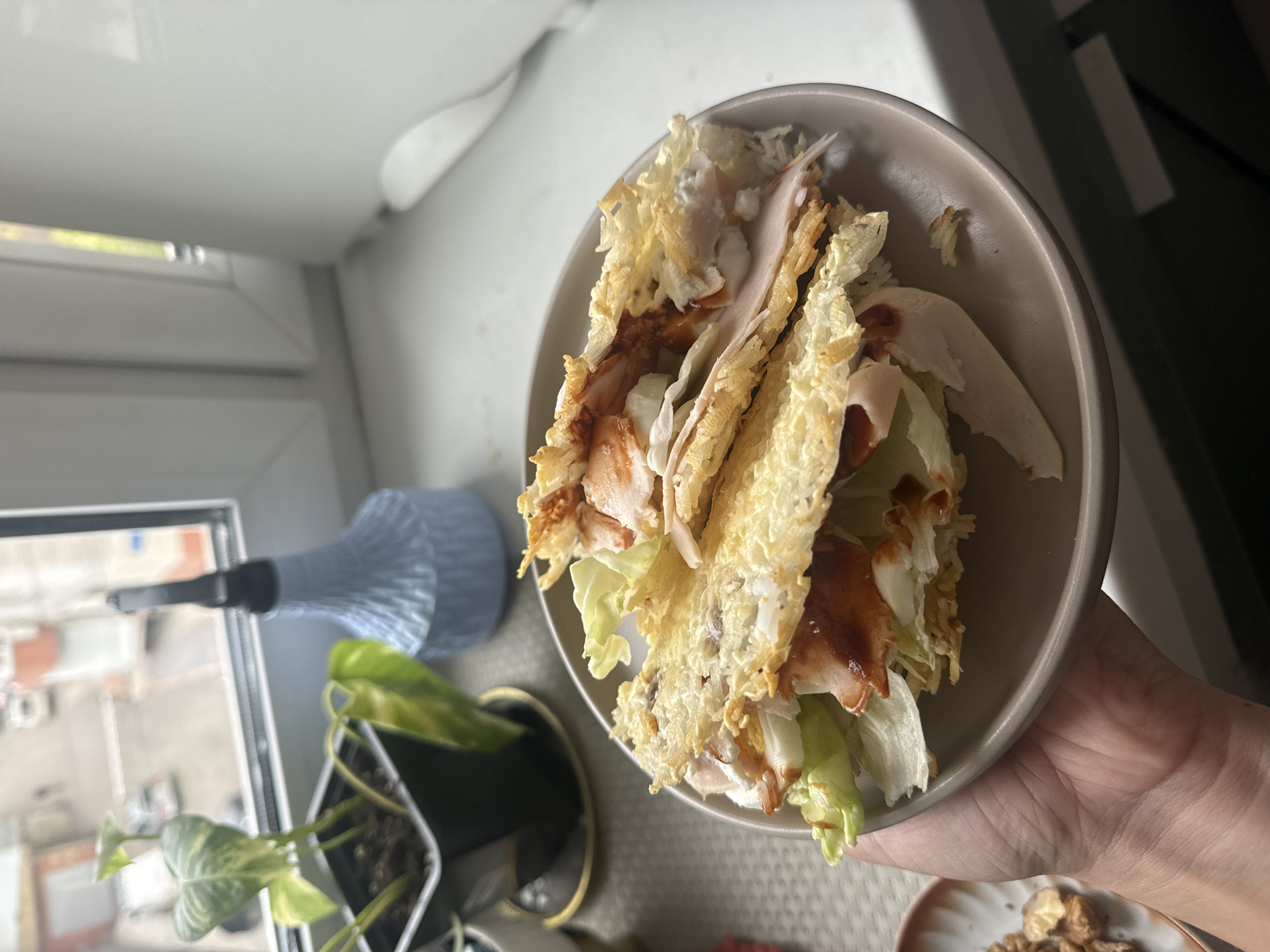 A hand holds a plate of food. The plate contains lettuce, meat, and rice. The scene is in a bright, indoor location, possibly near a window. A plant and a water bottle are visible in the background. The city of Krasnoyarsk, Russia, cannot be determined from the image.