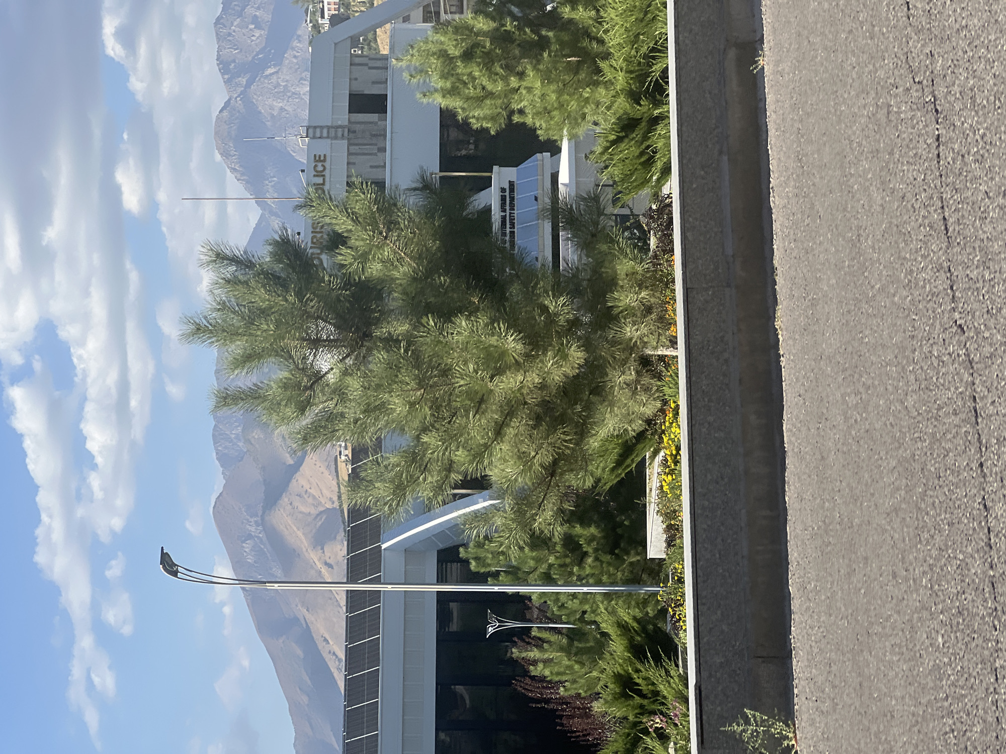 The image shows a modern building with "POLICE" written in large letters at the top, behind a large pine tree. The building has solar panels on its roof and a white facade with large windows. Mountains are visible in the background under a blue sky with white clouds. In front of the building, there is a retaining wall with some greenery and yellow flowers. The image appears to be taken from a street or sidewalk, with an asphalt surface in the foreground. The context provided states the location is Chinarkent, Uzbekistan.
