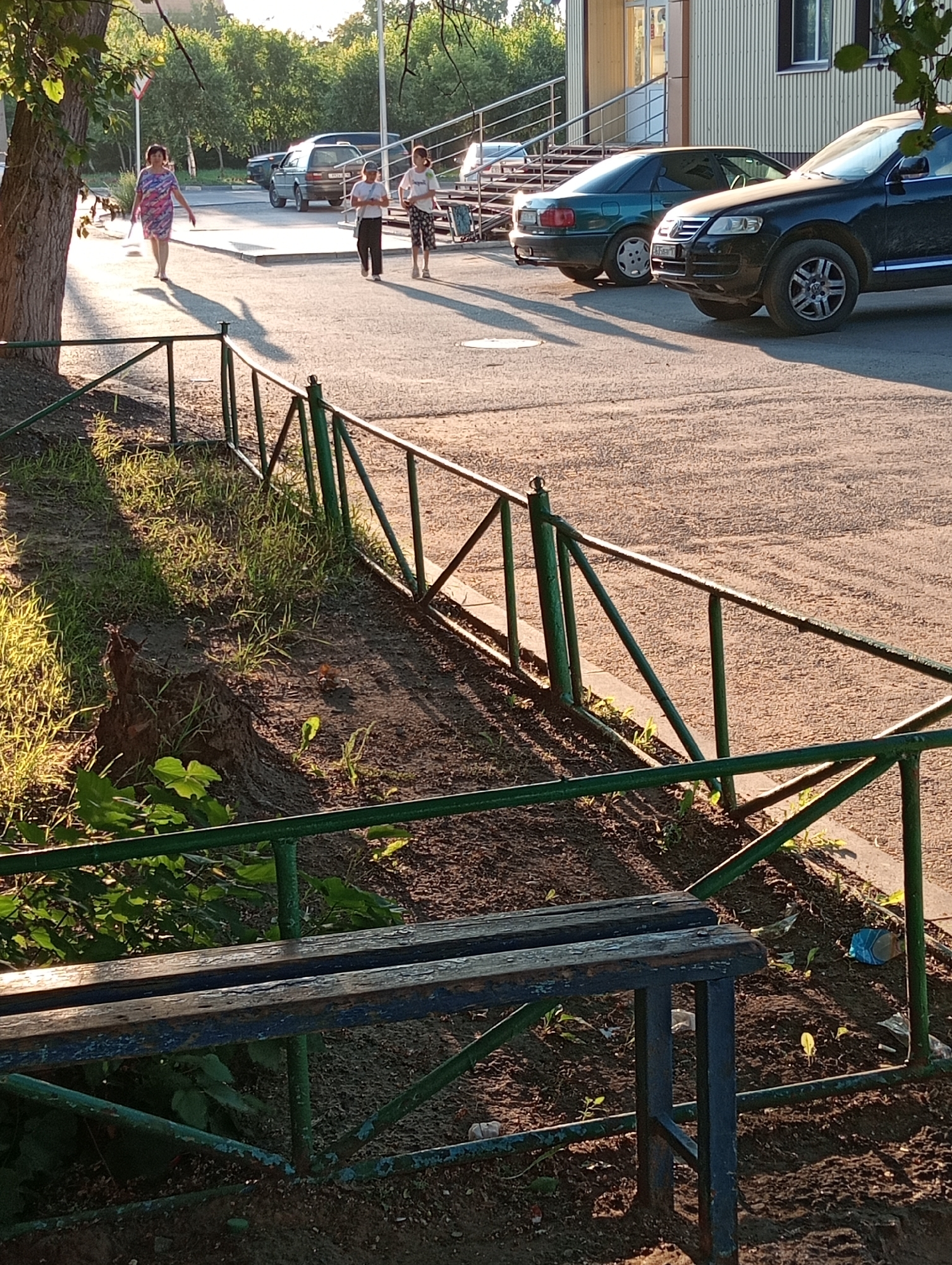 A woman in a brightly colored dress walks away from the camera on a paved area. Behind her, two children, a boy and a girl, walk towards the camera. A dark SUV is parked to the right, and a dark green sedan is parked to its left. A green metal fence runs along the foreground, separating the paved area from a grassy patch with a tree stump. The scene is illuminated by the warm light of a setting or rising sun, casting long shadows. The background shows a building with vertical siding and windows, and trees.