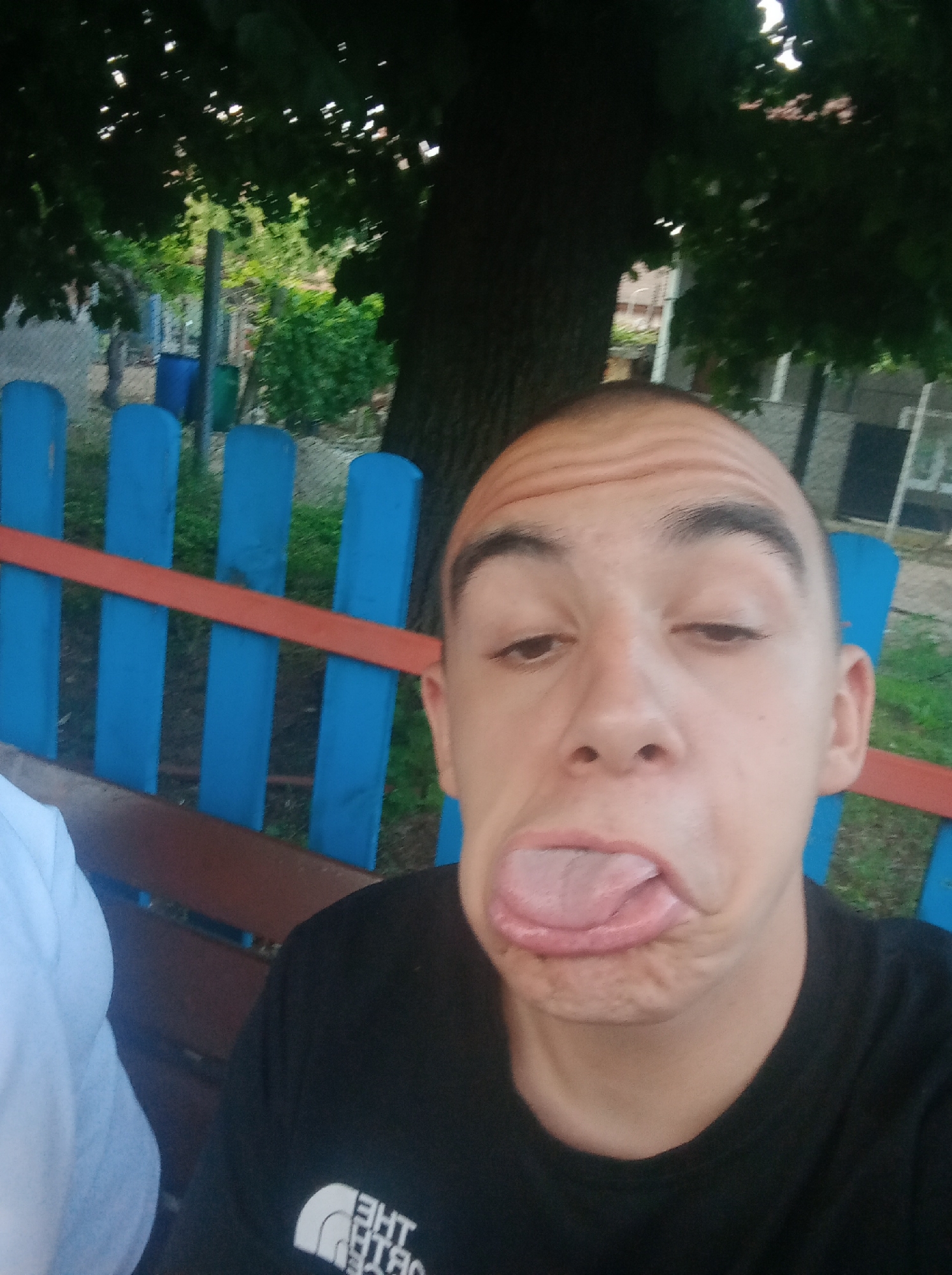 A young person with a shaved head and light skin, wearing a black t-shirt with a white logo on the left chest, sticks their tongue out, looking towards the camera. Their eyes are half-closed, and their forehead is furrowed. They are seated on a brown wooden bench in front of a bright blue wooden fence with a red horizontal bar. Behind the fence, green grass, trees, and some structures are visible. In the background, there are two large cylindrical bins, one blue and one green. The overall setting appears to be an outdoor recreational area, possibly a park or a yard, in Stamboliyski, Bulgaria.
