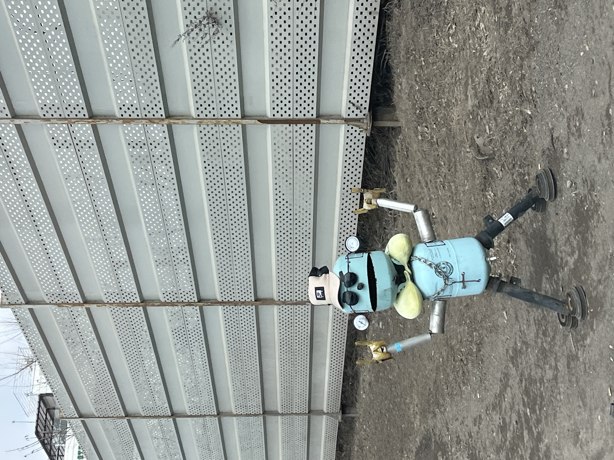 An outdoor shot depicts a unique robot sculpture standing on a dirt ground, positioned against a light gray, perforated corrugated metal fence or wall. The sculpture is made from recycled materials, primarily a light blue, barrel-shaped container forming its body.
The robot has a head with two large, black, circular eyes and a thin black line for a mouth. Two circular gauges, resembling ears, are mounted on the sides of its head. It wears a light-colored cap or hat with a dark emblem on its forehead. Two bright yellow, teardrop-shaped objects protrude from its upper body, possibly representing shoulders or additional features. Its arms are silver-colored cylinders ending in yellow-gold claw-like hands or gloves. The legs are dark, cylindrical pipes or shafts, terminating in round, dark, wheel-like feet. A metal chain with a circular link is draped across its body, and a white wrench symbol is visible on its chest. A small, unreadable white label with black text is present on one of its lower limbs.
The background consists of the textured metal fence, with a glimpse of an industrial structure and wires against a light sky in the upper left corner. The ground is rough dirt. The lighting suggests it is daytime. The overall scene appears to be a static display or art installation in an outdoor, possibly industrial or semi-urban environment in Krasnoyarsk, Russia. No specific activity or event is taking place, and the robot's expression is neutral.