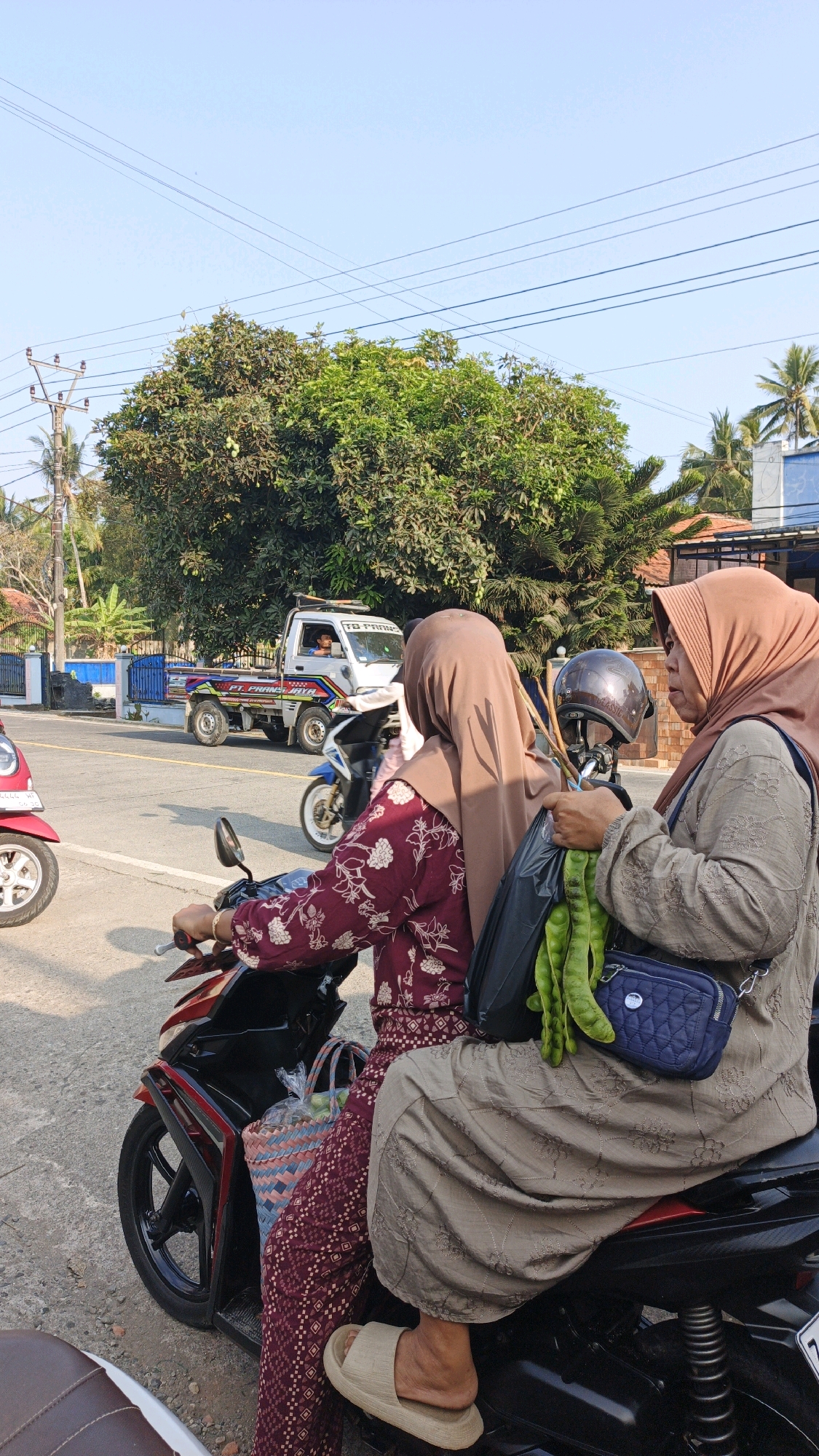 Two women are seated on a motorcycle on a road in Cibenda, Indonesia, under a clear blue sky. The woman in the front is wearing a maroon hijab and a patterned maroon dress, and is holding the handlebars of the motorcycle. The woman behind her is wearing a light brown hijab and a light brown patterned dress, and is holding a bunch of green pods in her right hand. A dark blue purse is attached to her left hip. A grey helmet is resting on the back of the motorcycle. In the background, there is a white truck with text on its side, a large green tree, and some buildings with tiled roofs. There are power lines visible in the sky. The motorcycle is parked on a paved road.