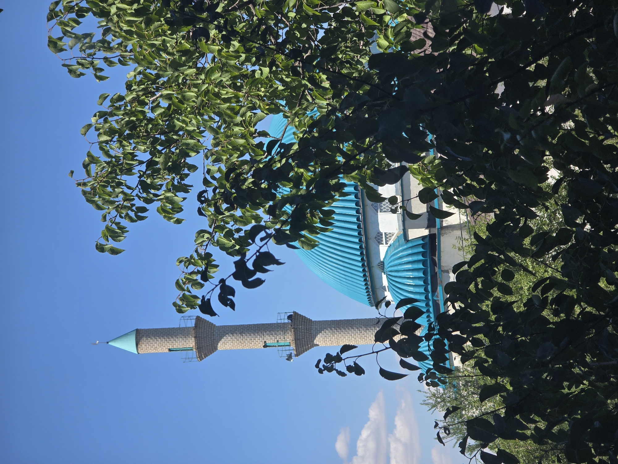 The image shows a mosque with a tall, slender minaret and a prominent turquoise dome, situated under a clear blue sky. The mosque's architecture features white walls and decorative elements. The minaret is constructed from light-colored bricks and is topped with a conical turquoise roof, similar to the main dome. The foreground is partially obscured by the dark green foliage of trees, which suggests the mosque is surrounded by greenery. The scene is set in Qaratau, Kazakhstan. There are no people visible in the image. The environment appears to be a sunny day, indicated by the bright lighting and the clear sky.