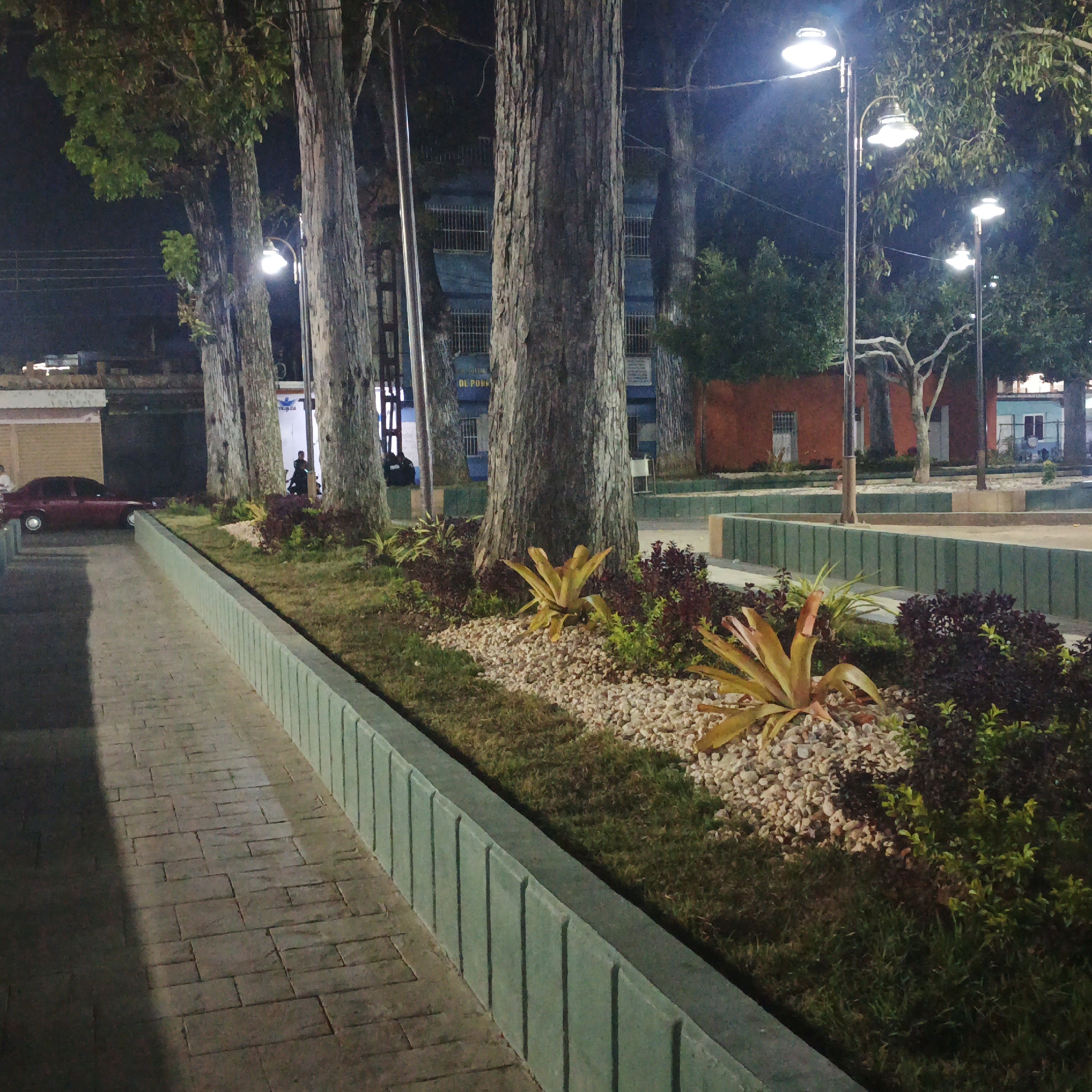 At night, a landscaped linear park area borders a sidewalk in what appears to be a town square in Tinaquillo, Venezuela. Several tall trees line the park area, obscuring a partially visible building with barred windows, suggesting a possible correctional or institutional facility. Pedestrians are discernible near the trees. The park area has bromeliads and decorative gravel. Streetlights illuminate the scene. A maroon car is parked nearby. The sidewalk is constructed of patterned paving stones with a green concrete border. In the background, a brick-red building is visible.
