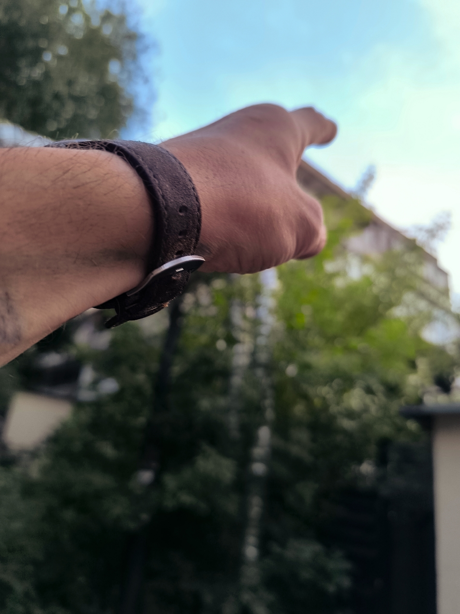 The image shows a close-up of a person's hand with a watch on their wrist, pointing towards a building and trees. The background is blurred, suggesting a shallow depth of field. The sky is visible and appears to be blue with some light clouds. The person is wearing a dark leather watchband with a metal buckle. The focus is on the hand and watch, with the background serving as context. There is no visible indication of the city of Qarağandı city administration, Kazakhstan in the image.