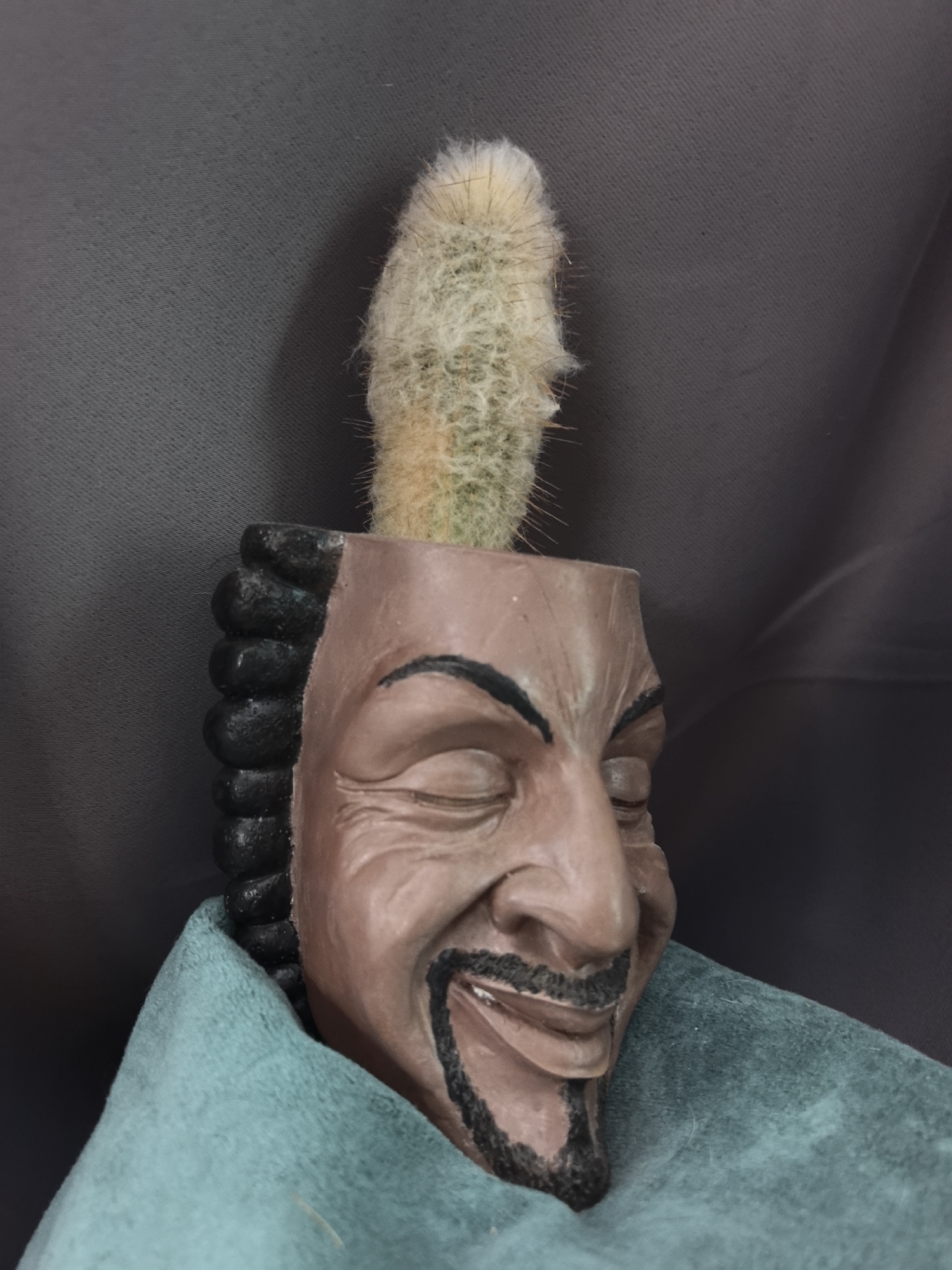 The scene is located in the city of Noviy, Russia. The image features a close-up of a decorative planter shaped like a stylized human head, rendered in a reddish-brown tone, depicting a smiling individual with closed eyes, prominent eyebrows, a mustache, and a beard. The head exhibits black, ridged hair-like formations along its right side. A light green, densely hairy, columnar cactus extends vertically from the top of the head, acting as its hair. The base of the head planter is enveloped in a soft, teal-colored fabric. The background is a plain, dark gray fabric with subtle folds. No people are present, and no actions or interactions are depicted.