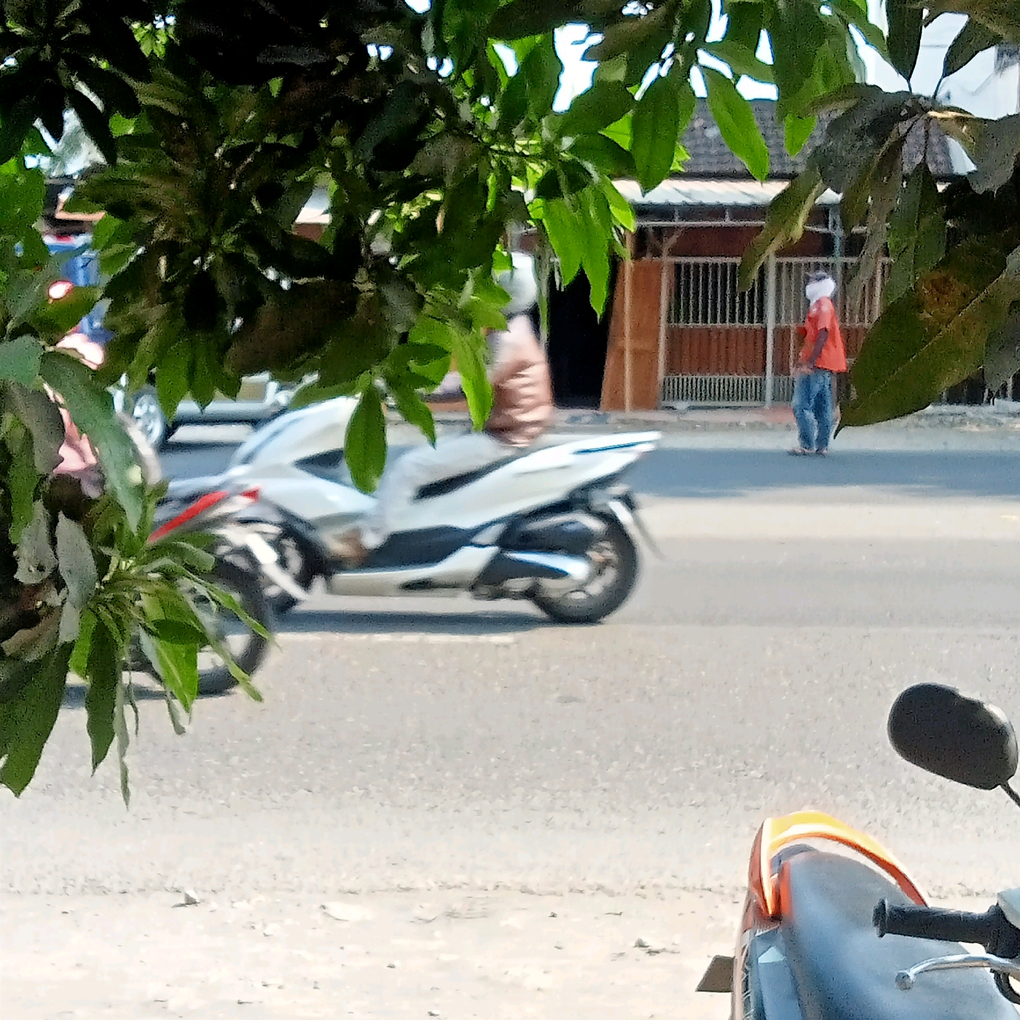 In Triyagan, Indonesia, on a paved road, a person wearing an orange t-shirt and blue jeans stands near a building with a brown brick facade and a white fence. In the foreground, a white scooter is partially visible. In the background, another person is seen on a scooter, and further down the road, a white car is parked. The scene is partially obscured by the leaves of a tree in the foreground.