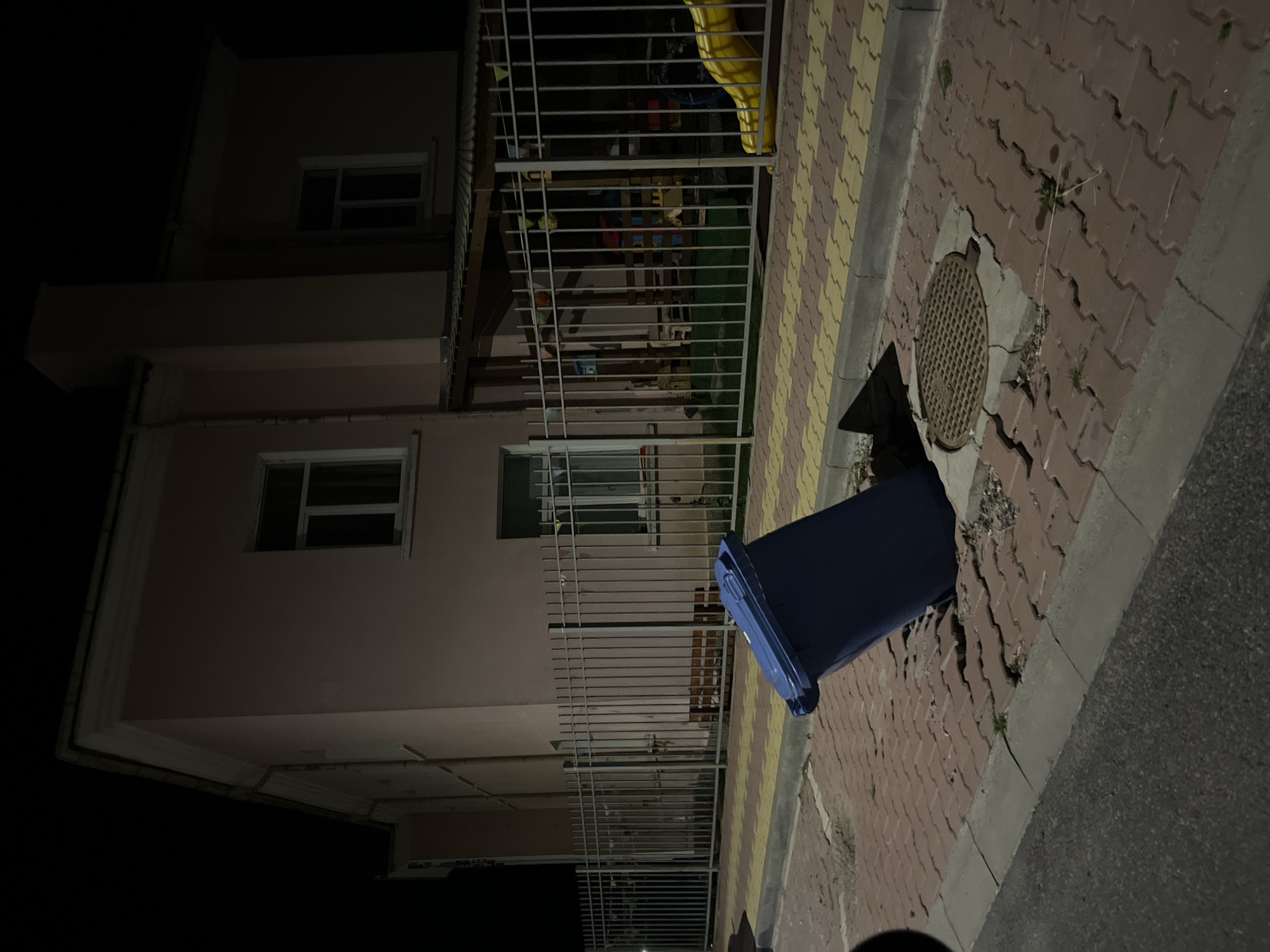 A blue trash can has fallen into an open manhole on a brick walkway in front of a two-story pink building. A metal fence runs along the walkway and in front of the building. It is nighttime. The location is Rudozem, Bulgaria.
