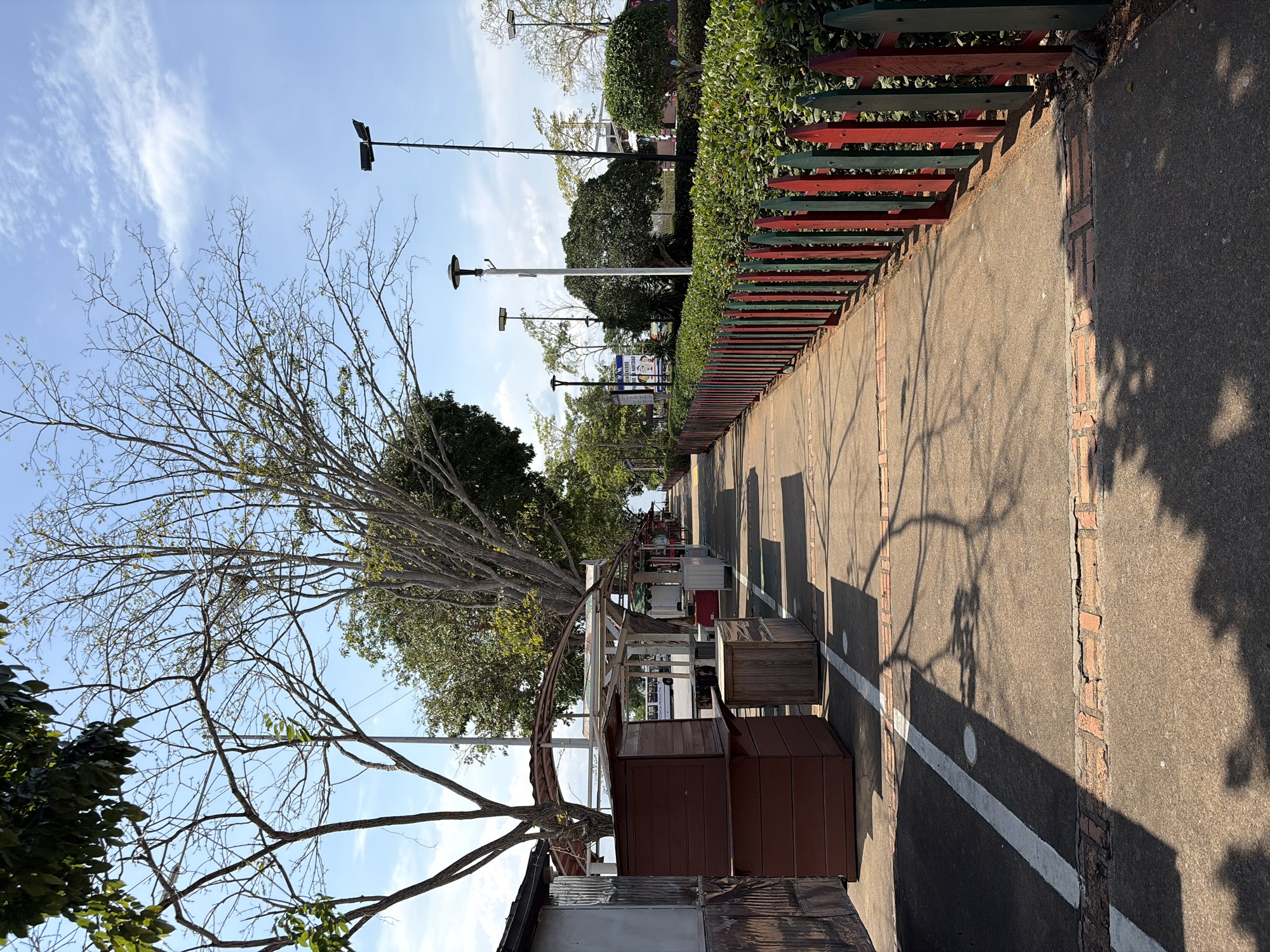 The image presents a sunlit outdoor scene, likely a park or a promenade, featuring a pathway lined with trees and small kiosks. The primary subjects include a clear blue sky with sparse, wispy clouds, a large deciduous tree with mostly bare branches in the foreground, and a series of rustic wooden stalls or small shops positioned along the left side of the walkway. Further down the path, other trees with full green foliage are visible.
To the right, a paved walkway, possibly made of concrete with brick accents, extends into the distance. A continuous white line is painted along its length. Adjacent to the path is a distinctive fence, painted in alternating red and dark green pickets, with a lush green hedge behind it. Numerous tall lampposts, equipped with what appear to be solar panels, are spaced out along the path, suggesting modern or energy-efficient lighting.
Long, distinct shadows from the trees and other structures are cast across the path and the stalls, indicating either early morning or late afternoon sunlight. The weather is clear and bright. No people are visible, lending a quiet and peaceful atmosphere to the scene. In the far distance, behind the stalls, a white vehicle (possibly a bus or large van) can be vaguely discerned. A distant sign with blue and white, unreadable text is also visible further down the path.