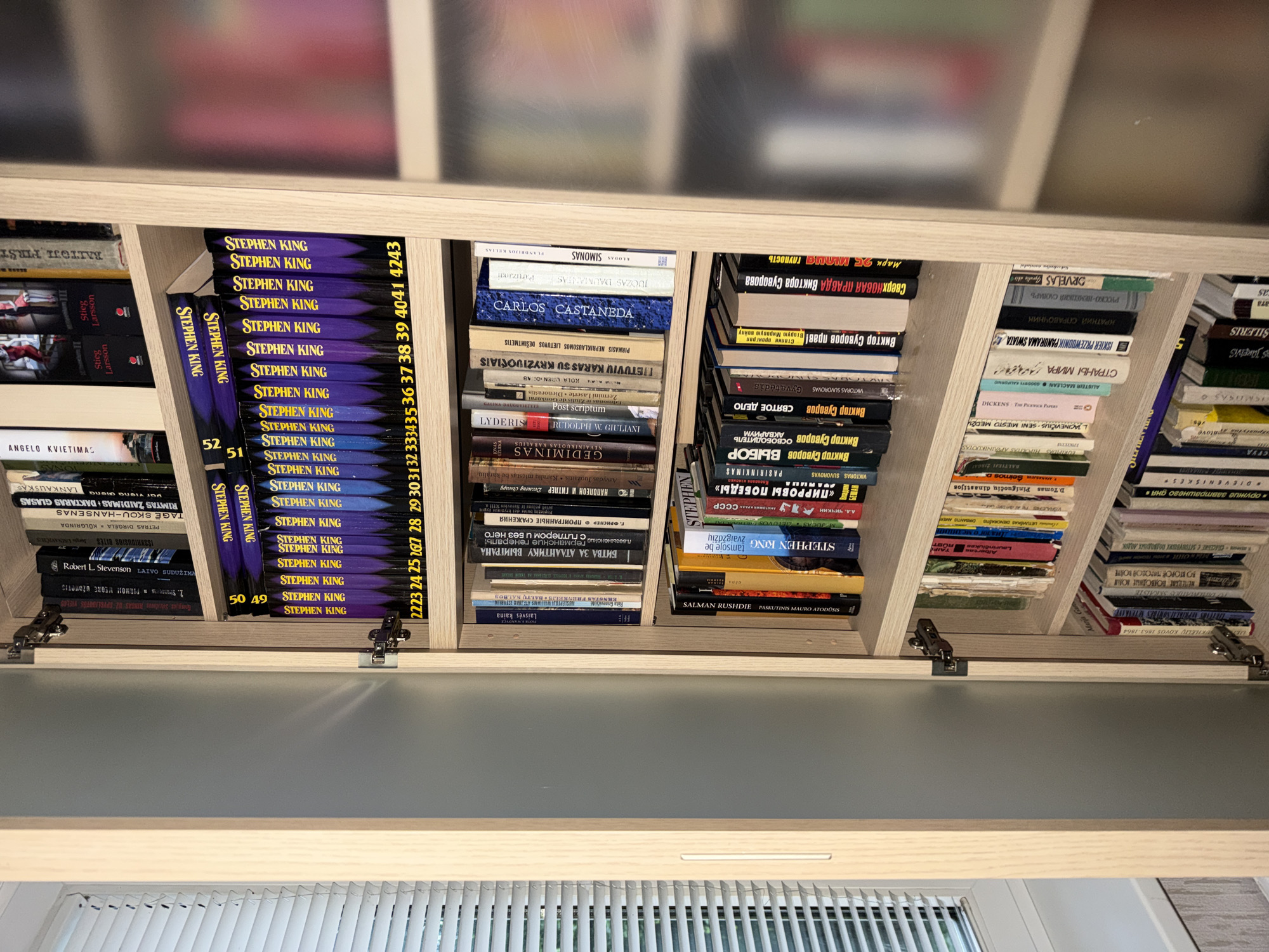 The image shows a close-up of a wooden bookshelf filled with books, located in an apartment in Vilnius, Lithuania. The bookshelf has glass doors, one of which is slightly ajar, revealing rows of books. The books are of various sizes and colors, with some titles visible in Russian and English. The style of the bookshelf and the presence of what appear to be modern blinds suggest a contemporary interior. The overall scene conveys a sense of domesticity and a personal collection of literature.