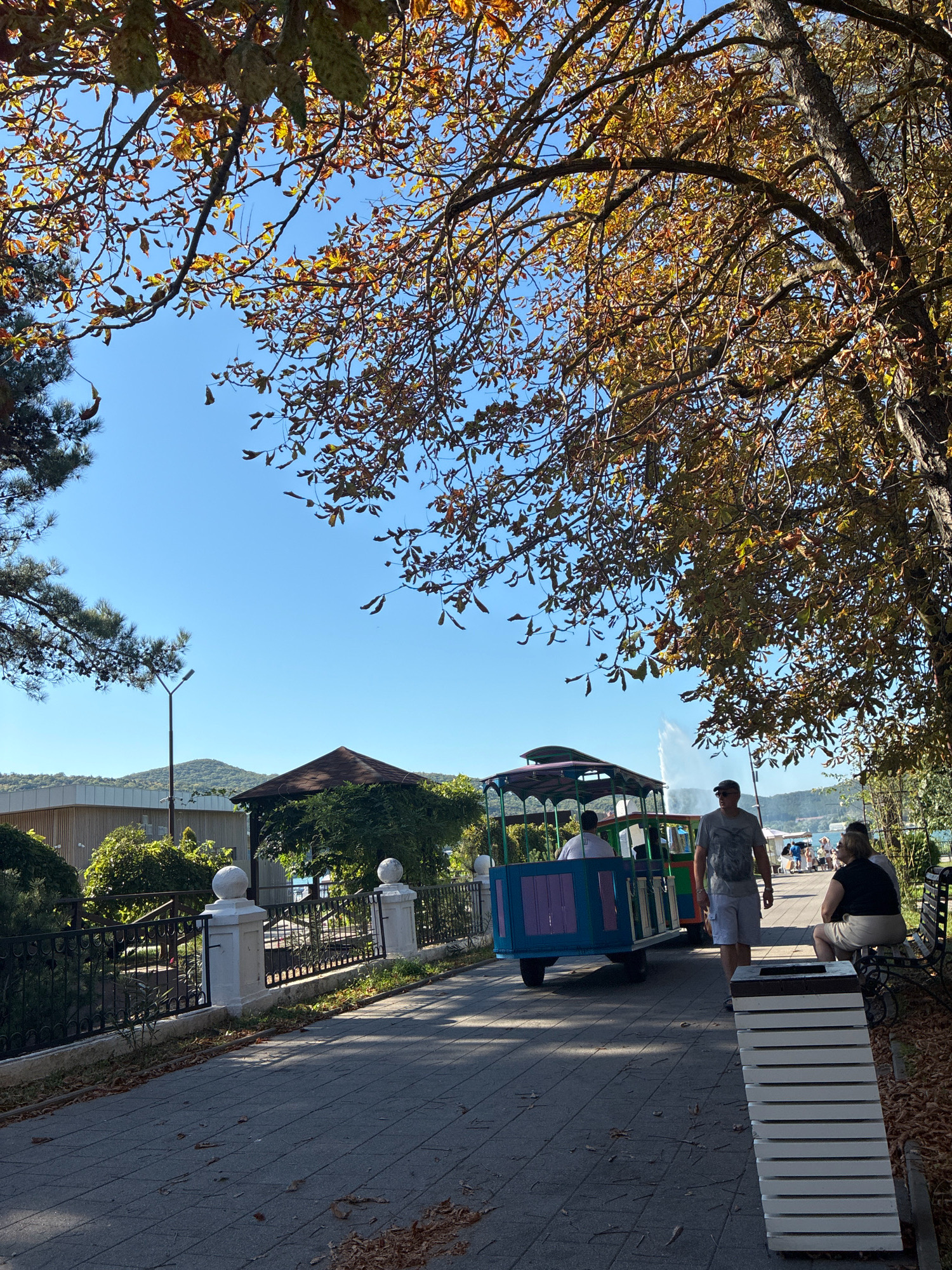 In the city of Abrau-Dyurso, Russia, a sunny promenade is depicted under a clear blue sky, with autumn foliage from a large tree overhead casting dappled shadows on the path. A small, multi-colored tourist train, with two passengers visible in the open carriages, is moving along the path. A man in a grey t-shirt and shorts walks beside the train, and further down the path, a woman and a man sit on a park bench. Beyond the promenade, a fence separates it from an area with green bushes, a building with a wooden facade, a gazebo, and a streetlamp. In the distance, rolling hills and a body of water with a fountain are visible. The ground is paved with gray tiles, and fallen autumn leaves are scattered on the path and surrounding areas.