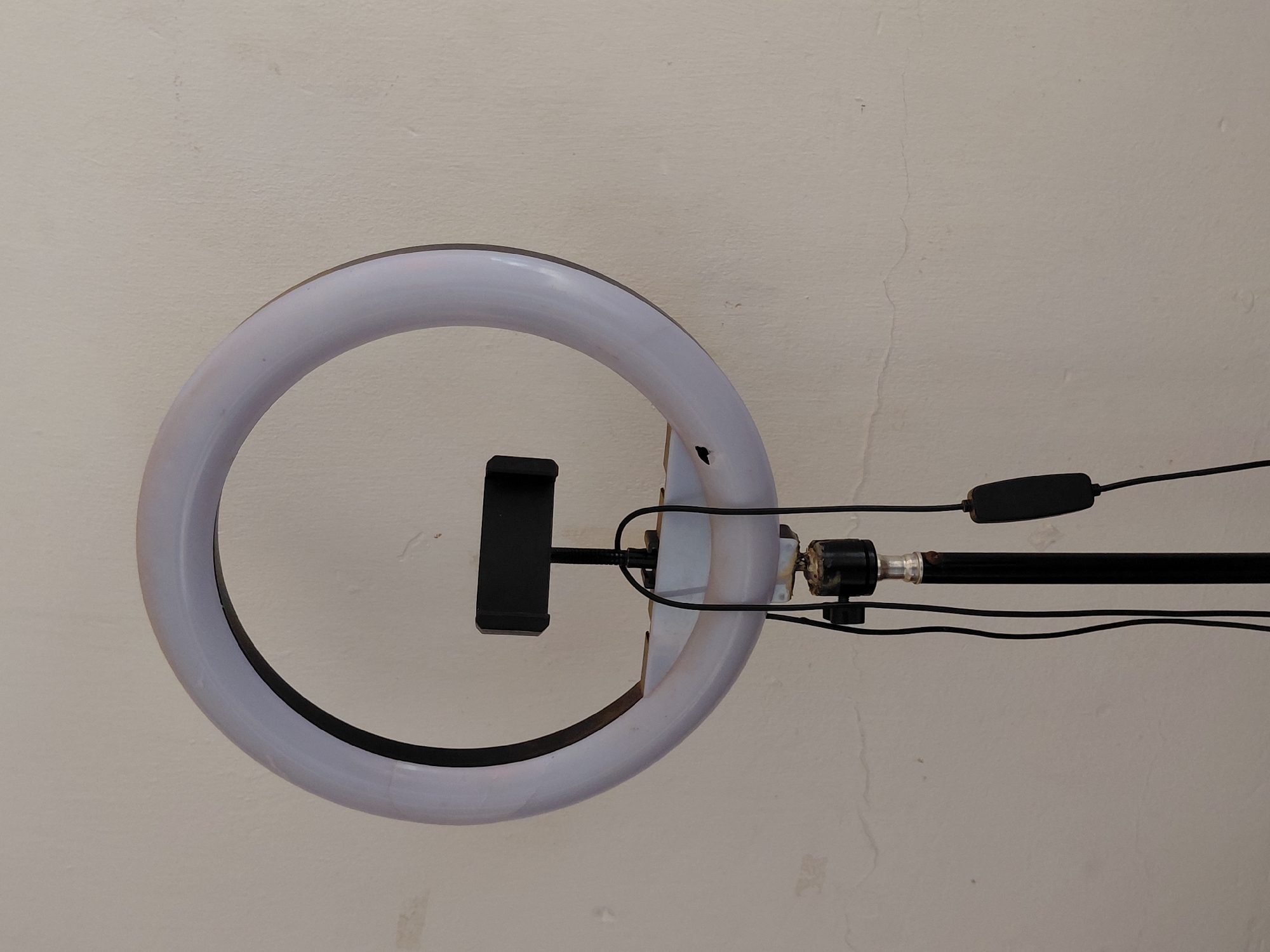 The image features a white ring light, illuminated and casting a soft glow, positioned in front of a light-colored, possibly off-white or beige, wall. A black phone holder is centrally mounted within the ring light's opening. The ring light is attached to a black pole or stand, which extends towards the right side of the frame. Black electrical wires are connected to the ring light, with one segment passing through a small, black, oval-shaped control unit. The connection point between the ring light and its stand shows some signs of wear or grime. The wall in the background exhibits a textured surface with faint cracks and subtle imperfections. No people or specific activities are depicted. The time of day and weather conditions are not discernible from the image. There is no visible text. While the location context of Santa Ana, Venezuela, is provided, the image itself does not contain any specific visual cues to confirm this geographical detail.