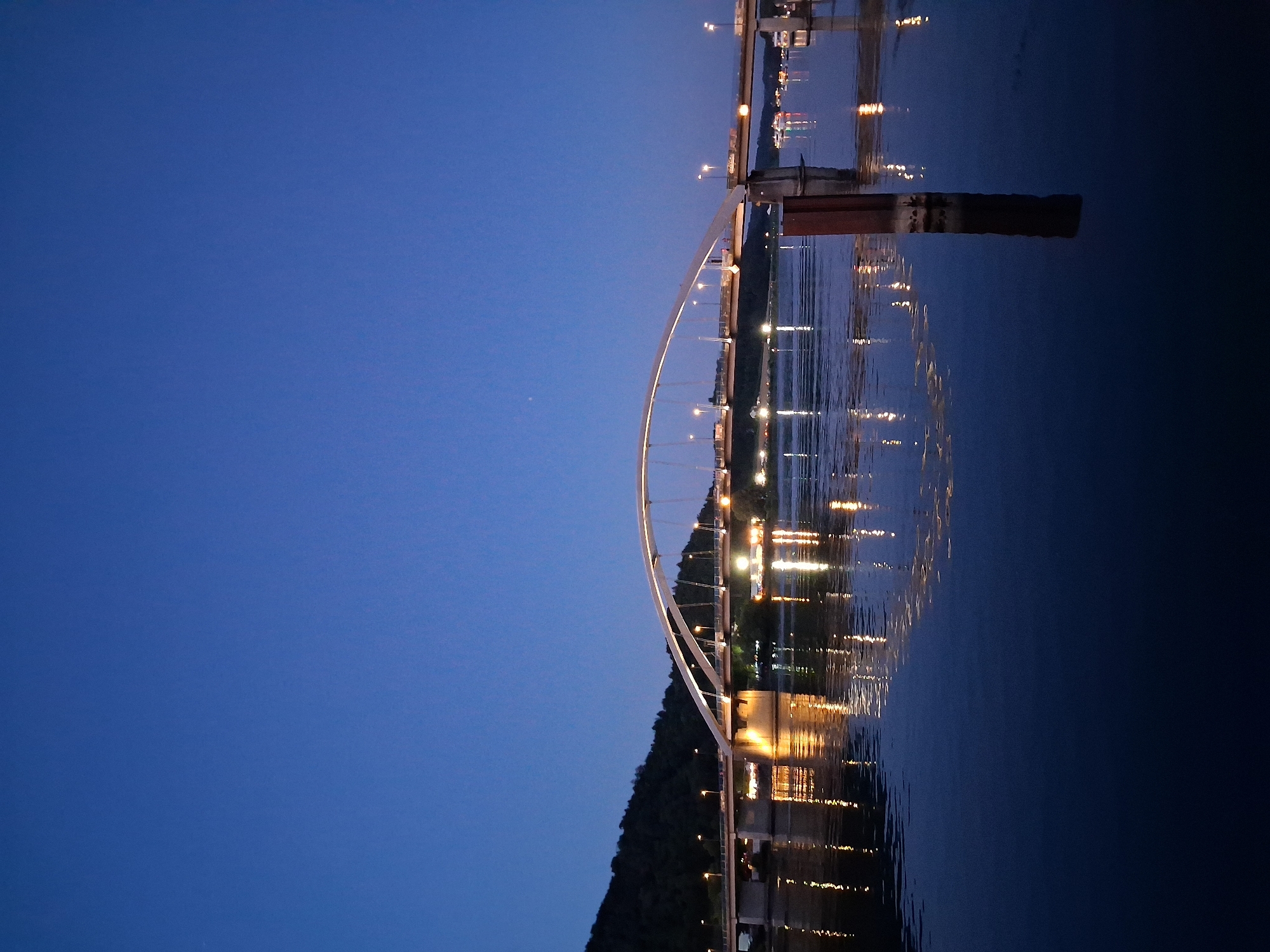 A long shot captures the reflection of a bridge and lights on a body of water at dusk in Vilshofen an der Donau, Germany. The sky is a deep blue, transitioning to black towards the top of the frame. A modern, arched bridge spans the width of the image, illuminated by numerous lights along its structure and on the roadbed. The lights from the bridge and distant structures create a shimmering reflection on the dark, calm water. On the left side of the frame, a dark, tree-covered hillside rises behind the bridge. The right side of the water features a dark, vertical post and further reflections of lights from what appear to be boats or buildings. The scene is serene and atmospheric, highlighting the interplay of artificial light and the natural environment.