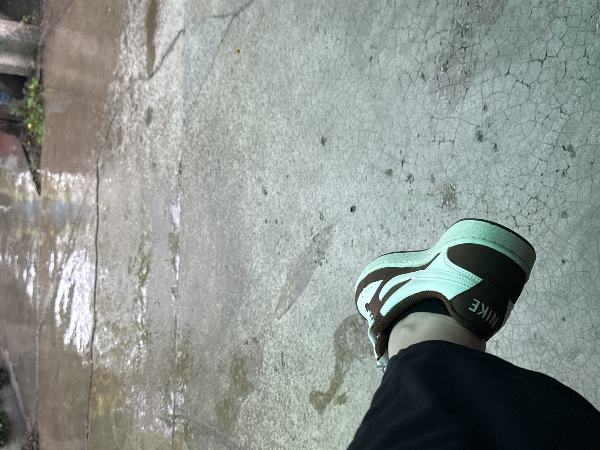 The image presents a low-angle view of a person's right foot and lower leg, positioned over a textured concrete ground. The person is wearing black pants and a sneaker that features a distinctive two-tone design of brown and a light green or mint color. White laces are visible on the shoe. On the outer heel of the sneaker, the brand name "NIKE" is clearly visible, oriented vertically.
The ground surface is a light gray concrete or pavement, heavily marked with a network of fine cracks that create a crazed pattern. Several areas of the ground appear wet and reflective, suggesting recent rain or damp conditions. Some patches of the concrete also exhibit a slight greenish tint, possibly from moss or algae. In the upper left corner, a blurry background element reveals hints of green foliage and a dark, indistinct structure.
The composition captures a moment of standing or movement, with the foot slightly angled. The damp, cracked pavement suggests an outdoor setting, potentially a street, pathway, or yard in an area like Govedare, Bulgaria, where such ground surfaces are common. The lighting appears soft and diffused, without harsh shadows, indicating an overcast day or indirect light. No specific activity beyond standing or walking is discernible, and no emotions are visible.